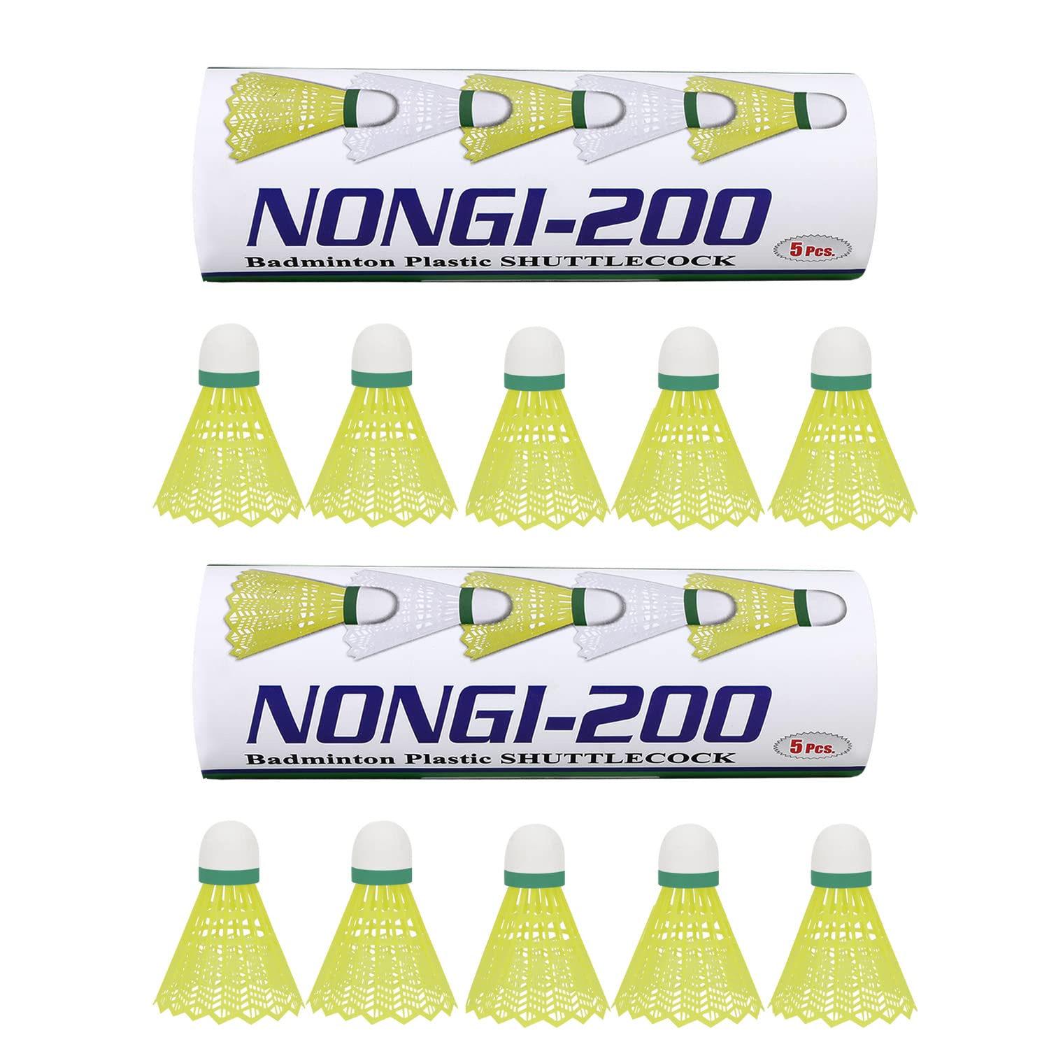 NONGI 200 Combo Plastic Badminton Shuttlecocks - Pack of 10 (Yellow) - Durable Training & Recreational Play for Indoor/Outdoor Courts