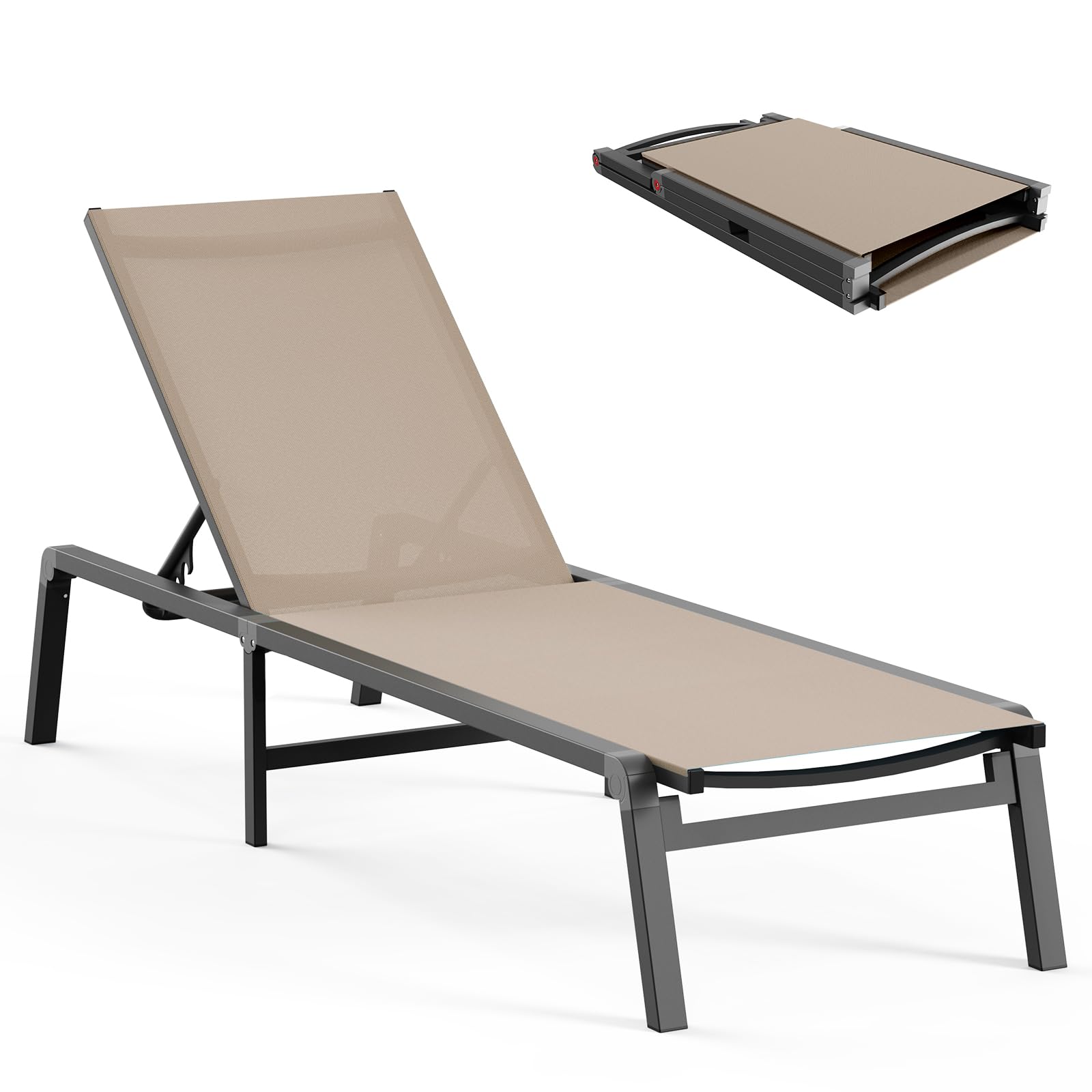 Foldable Aluminum Chaise Lounge Chair - 5 Adjustable Backrest Outdoor Patio Furniture for Poolside, Beach & Backyard Relaxation - Lightweight & Easy Assembly Free Design (Khaki) - Perfect for Sunbathing, Lounging by the Pool or Beach Vacation