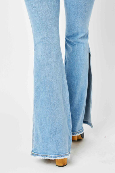 Judy Blue Women's Full Size Mid Rise Raw Hem Slit Flare Jeans - Comfortable Stretch Denim Pants for Casual Wear & Everyday Outfits