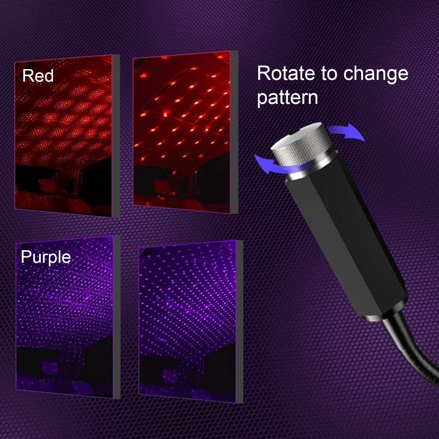 SOCAL-LED Car USB Purple Star Projector Night Light - Adjustable Interior LED Decor for Romantic Mood Lighting - Perfect for Bedrooms, Ceiling & Roof Decorations