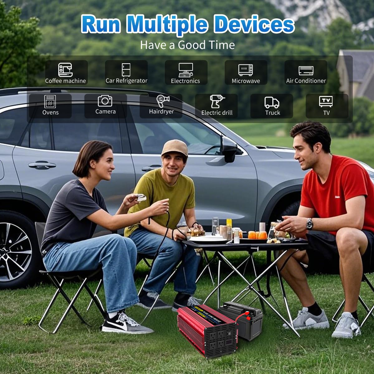 SUNWHEEL 3000W Pure Sine Wave Power Inverter - 24V DC to 110V/120V AC Solar Converter with LCD Display & 4 Outlets for RV, Truck, Home, Camping (Powering Microwave, Refrigerator, AC, TV & More)
