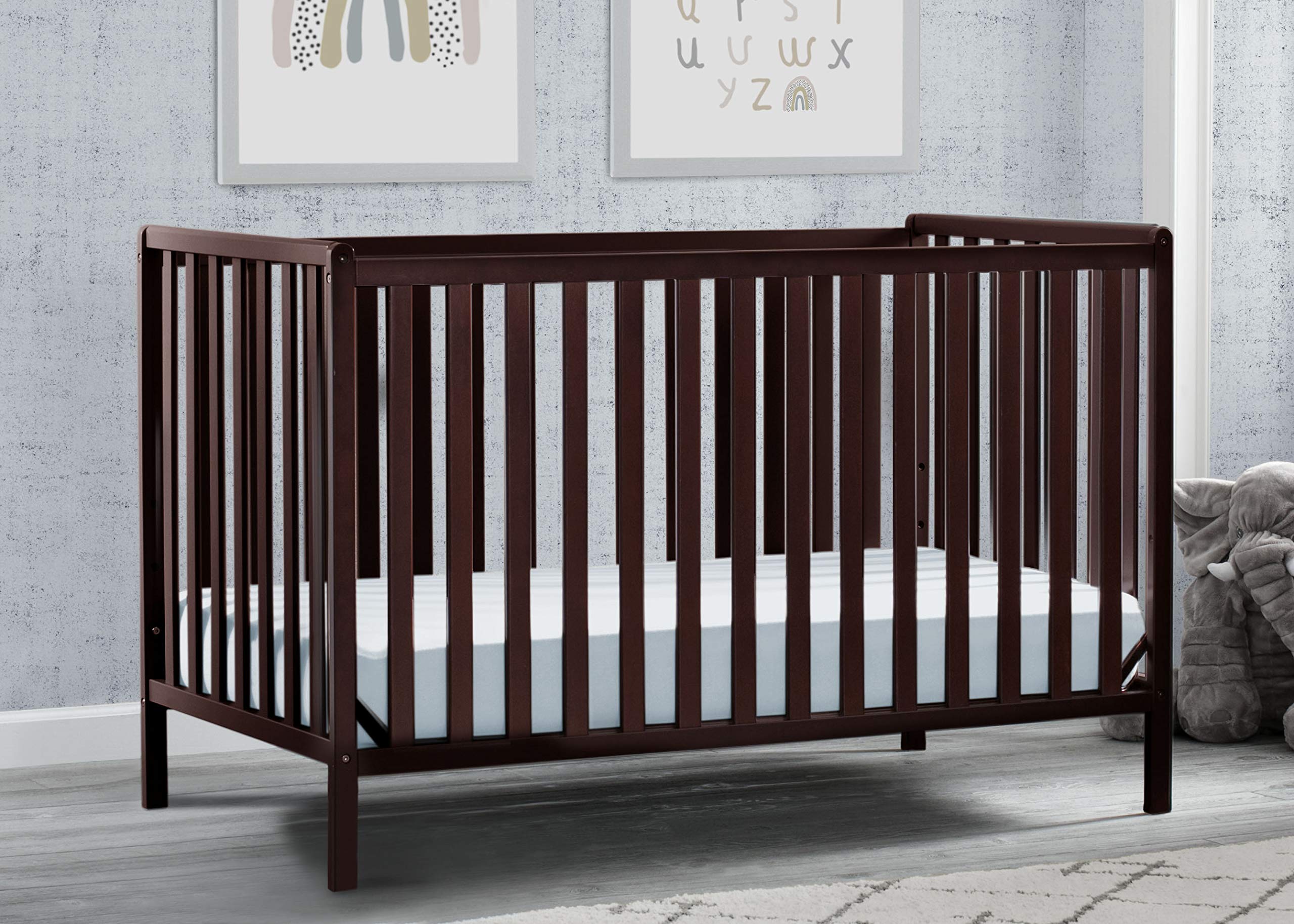 Delta Children Heartland 4-in-1 Convertible Crib with Twinkle Galaxy Dual-Sided Mattress - Dark Chocolate Finish | Nursery Bedroom Furniture for Babies & Toddlers | Safe Sleep Solution for Newborn to Big Kid Transition