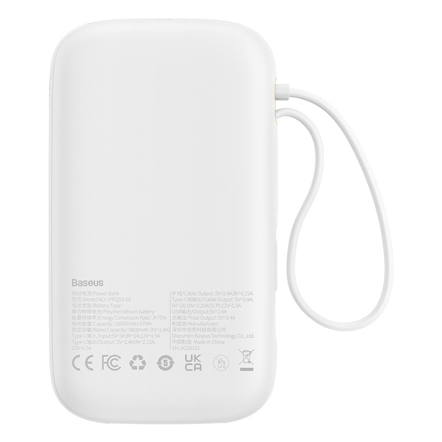 Baseus Qpow2 10000mAh Power Bank with Digital Display - 22.5W Fast Charging, Includes Lightning & Type-C Cables (White) - Perfect for Travel, Camping & Emergency Charging