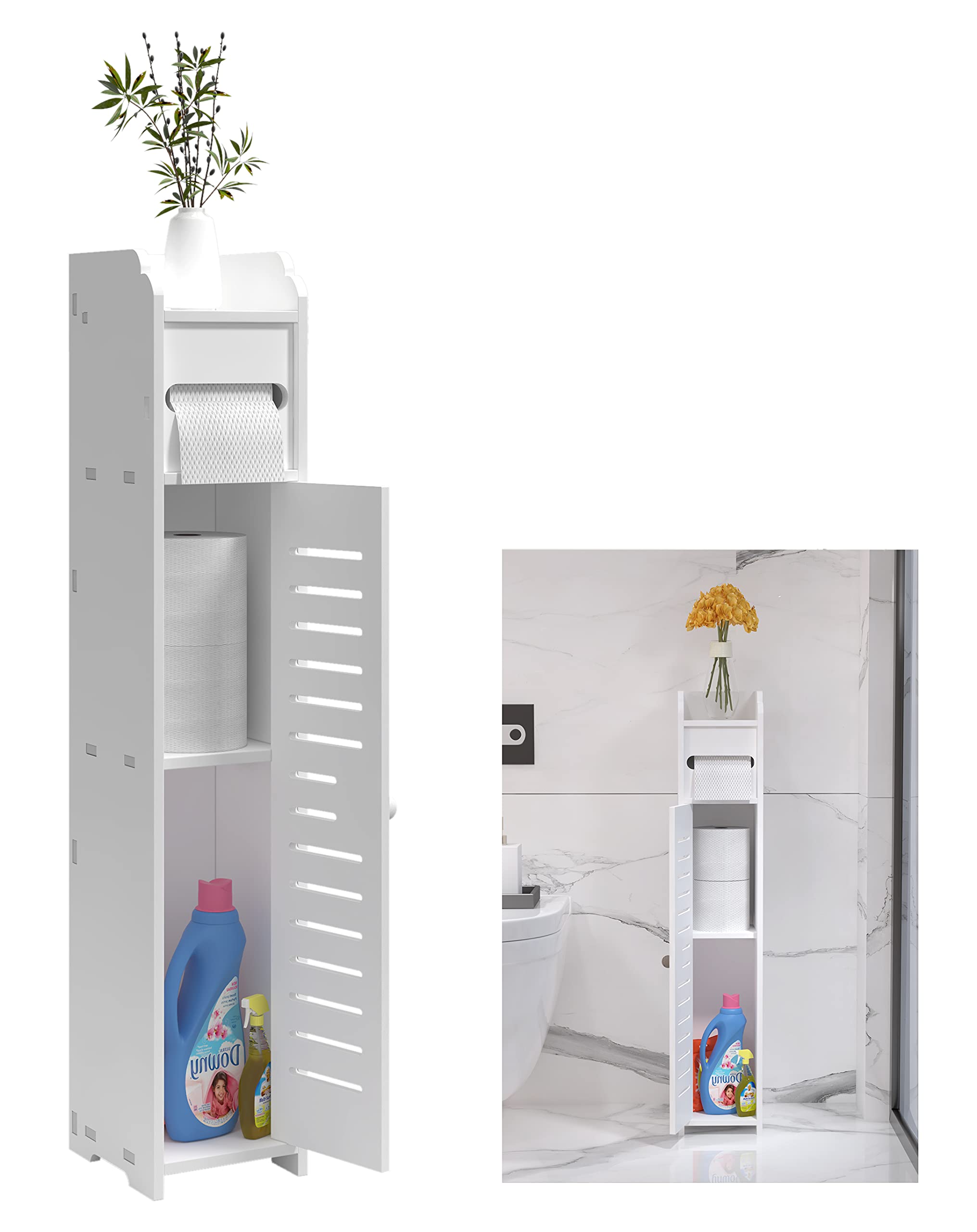 MEIDO White Bathroom Storage Cabinet with Door - Slim Toilet Vanity Organizer with Shelves & Toilet Paper Holder | Space-Saving Solution for Small Bathrooms, Powder Rooms & Apartments