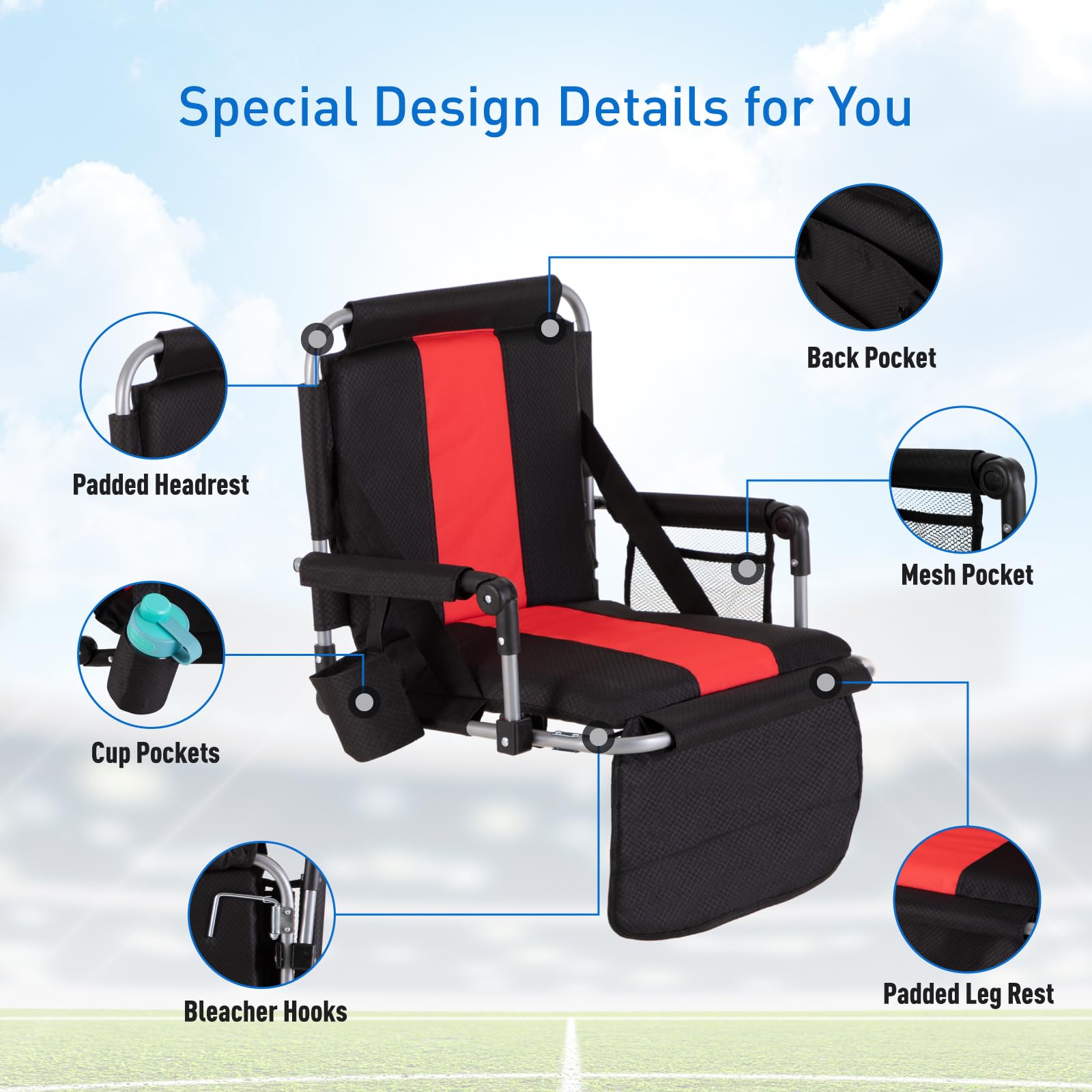 **Portable Folding Stadium Chair with Armrest & Back Support - Lightweight Bleacher Seat for Outdoor Sports, Concerts & Camping - Includes Cup Holder, Mesh Bag & Hide Hooks**    (使用场景: Perfect for football games, baseball matches, outdoor concerts, camping trips, and picnics.)