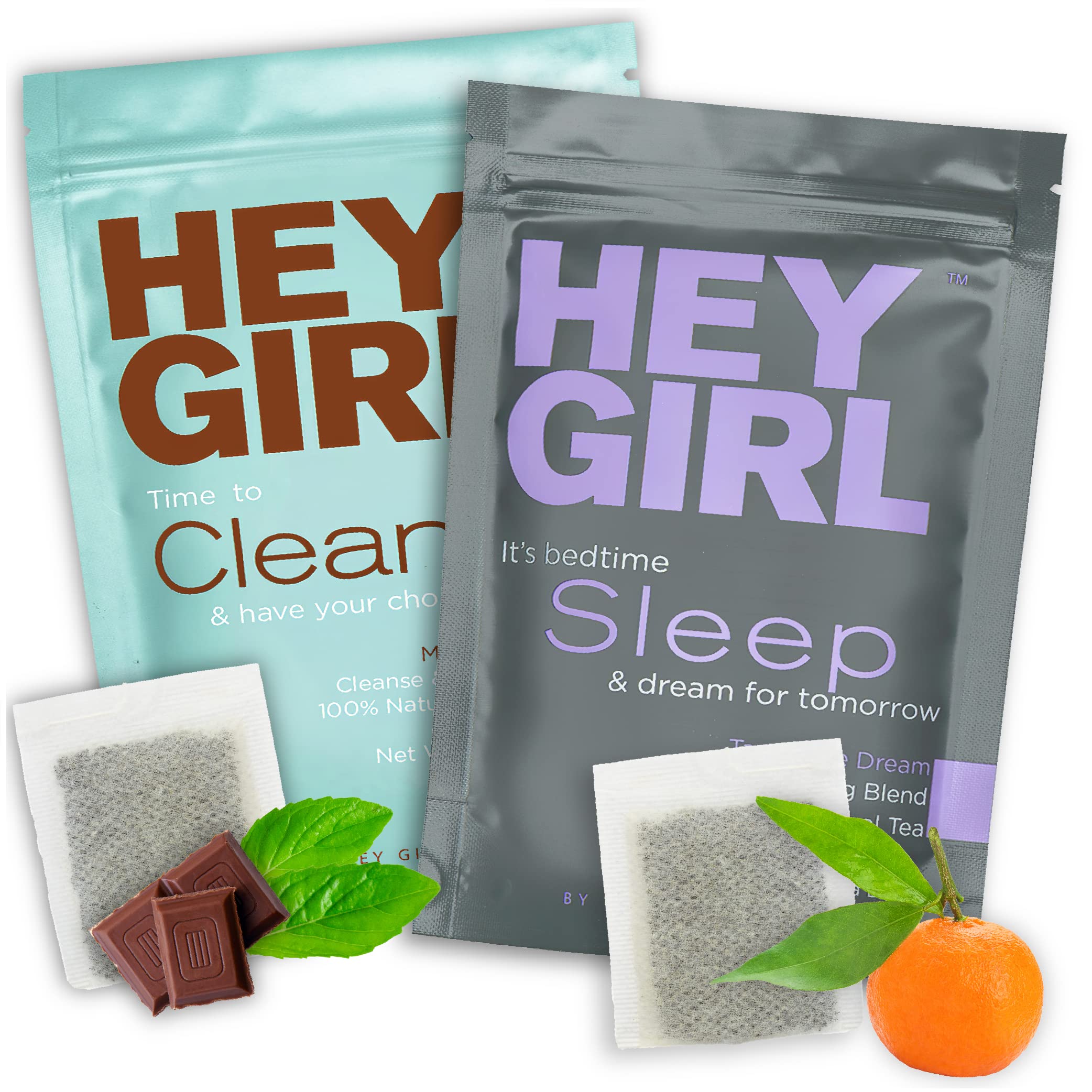 Hey Girl Tea Bundle - Herbal Sleep Tea with Chamomile, Valerian Root & Lemon Balm in Tea Bags + Mint Chocolate Cleanse Tea for Women - Reduces Bloating & Promotes Relaxation | Perfect for Nighttime Routine, Stress Relief & Digestive Wellness