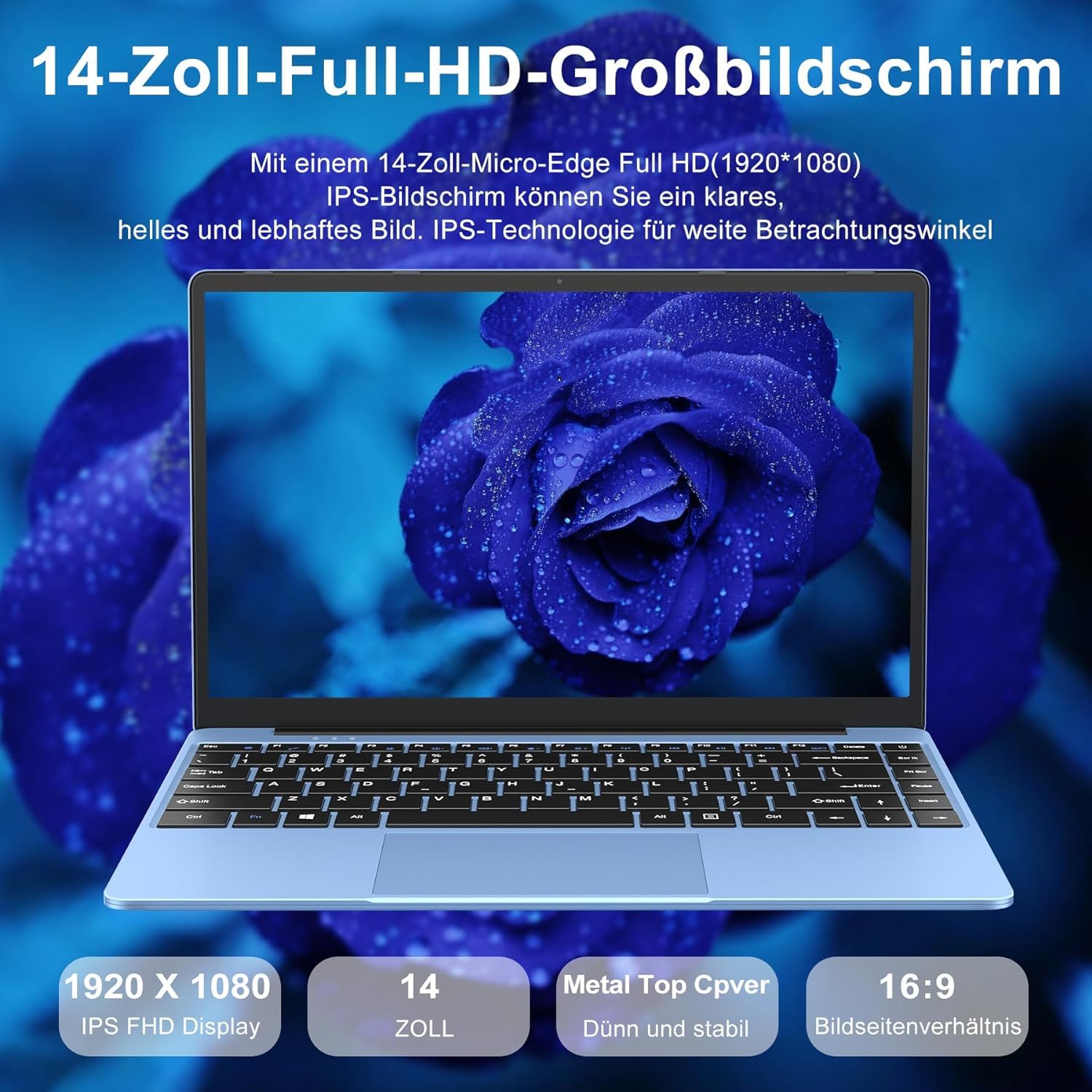 WOZIFAN 14 Inch Laptop with Windows 11, Metal Body, 256GB SSD (Expandable to 1TB), Lightweight Notebook with Dual WiFi 2.4G+5G, FHD Display, Bluetooth, USB, HDMI - Includes Wireless Mouse & German Silicone Keyboard Cover (Blue) - Perfect for Work, Study, and Travel
