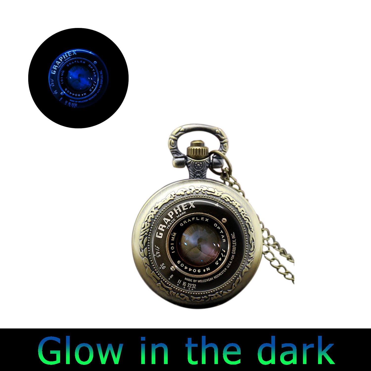 Vintage Camera Lens Pocket Watch Necklace - Glowing Antique Watch Pendant with 3 Old Lenses - Unique Steampunk Jewelry Gift for Photographers & Vintage Lovers (Perfect for Cosplay, Gothic Fashion & Collector's Display)