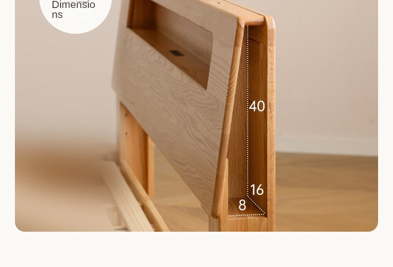 Solid Oak and Beech Wood Bed with Built-in LED Lights and Bookshelf - Modern Bedroom Furniture for Small Spaces, Lofts, and Studio Apartments