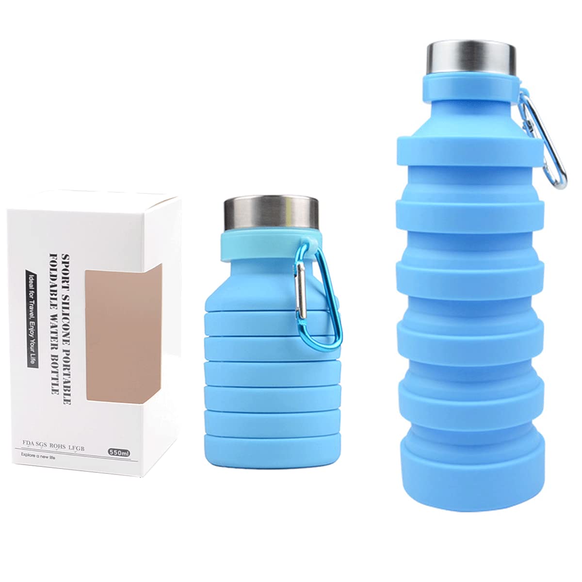 Collapsible Water Bottle 16oz (500ml) - BPA Free Silicone Foldable Sports Bottle with Carabiner for Hiking, Travel & Outdoor Activities | Portable Expandable Water Container for Gym, Camping & Daily Use