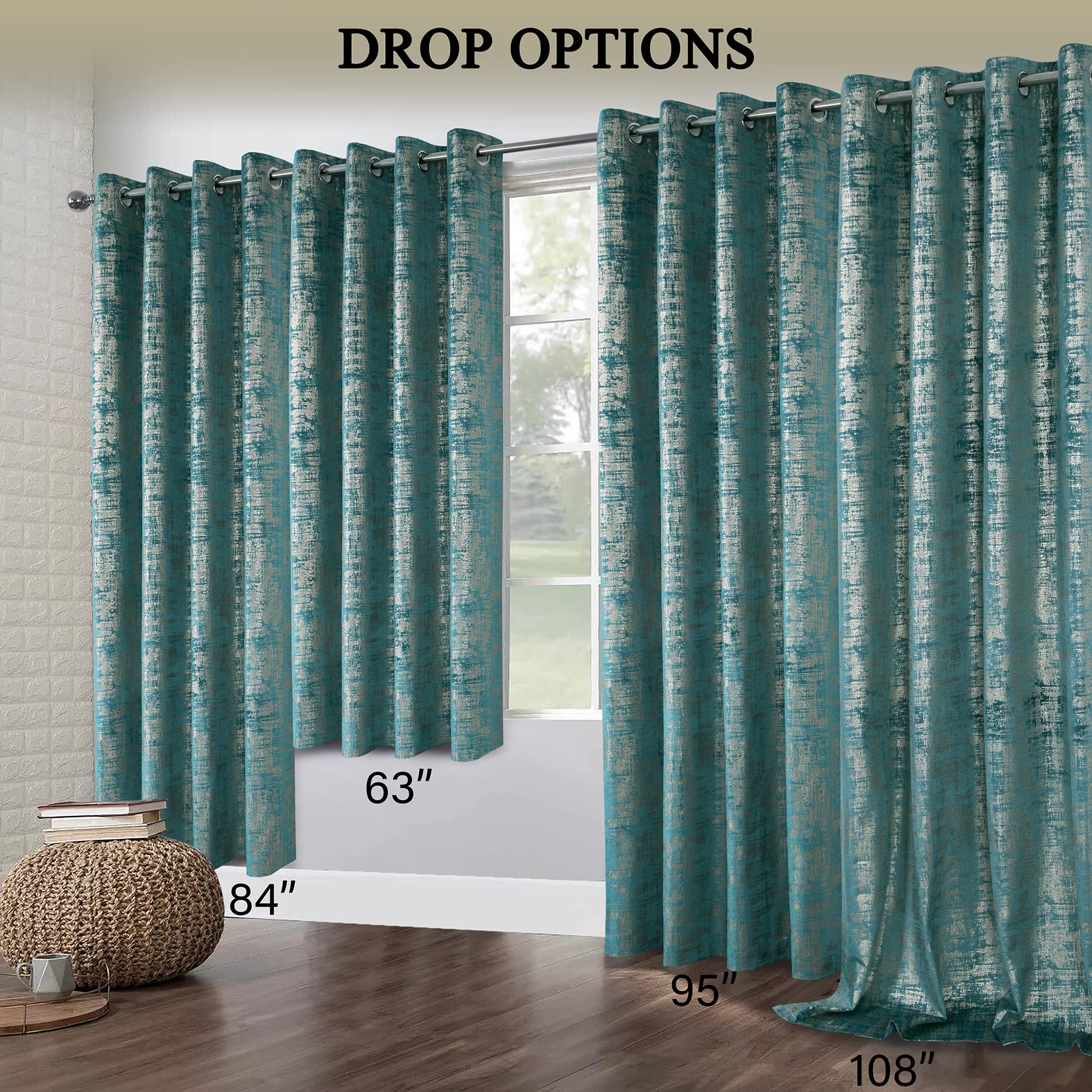 Always4u Soft Velvet Curtains 84 Inch Length - Luxury Blackout Curtains with Gold Foil Print for Bedroom & Living Room - Thermal Insulated Window Treatments (Set of 2, Teal) - Perfect for Home Decor, Privacy & Light Control
