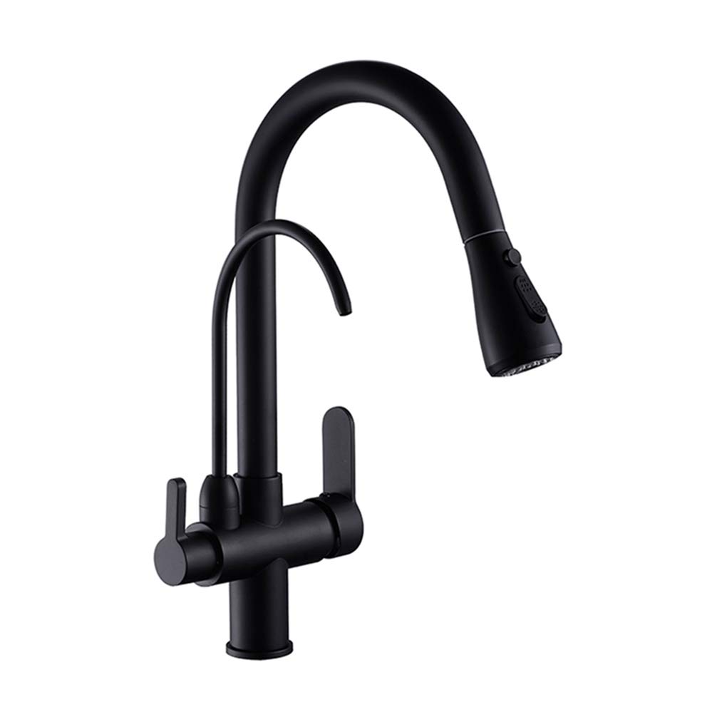 3-in-1 Pull Out Kitchen Faucet with Dual Spray - Hot/Cold Water Mixer Tap in Brass Brushed, Chrome or Black Finish | Pure Drinking Water Filter Faucet for Modern Home Kitchen Sink | Perfect for Cooking, Washing Dishes & Filling Water Bottles