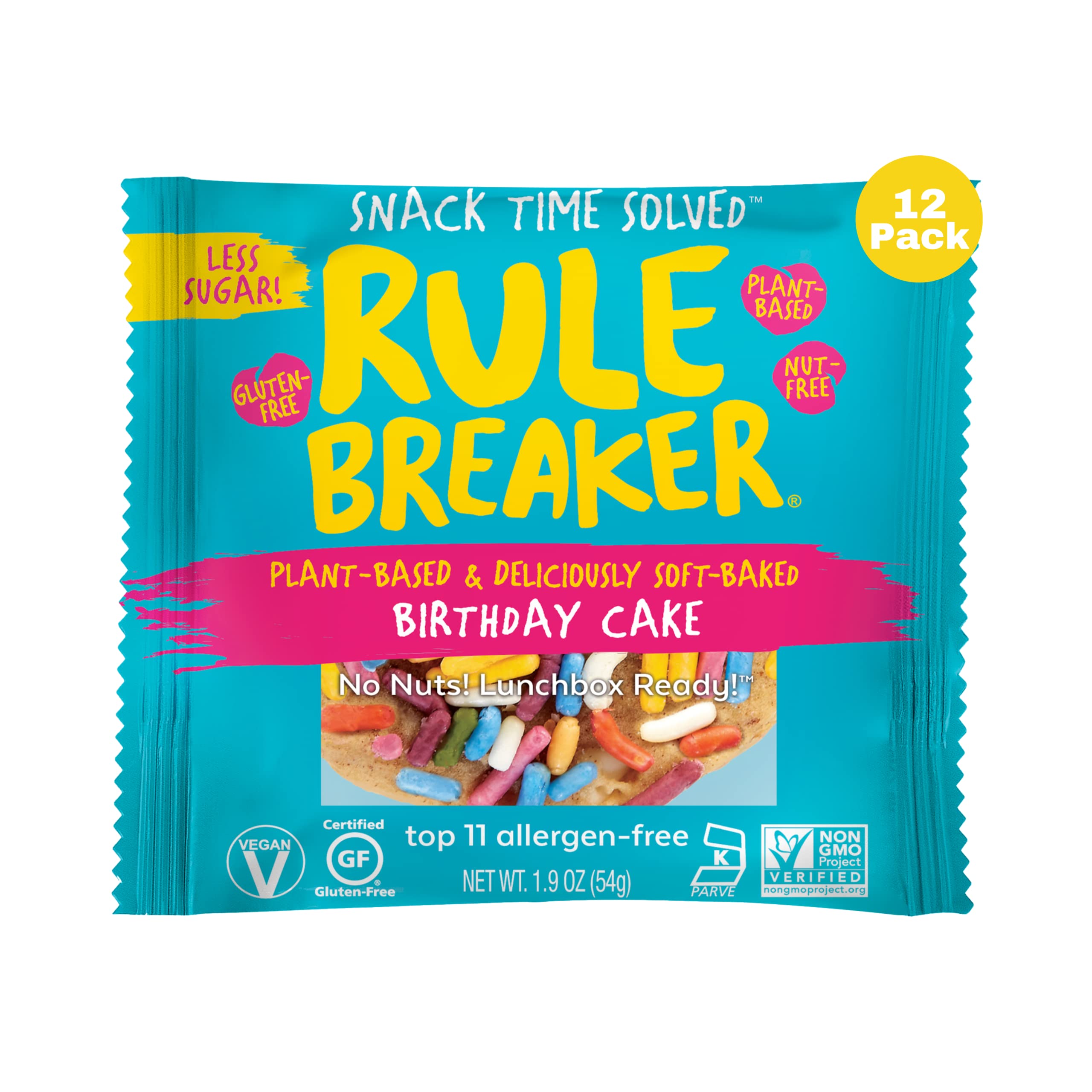 Rule Breaker Snacks Birthday Cake - Vegan, Gluten-Free, Nut-Free, Top 11 Allergen-Free Healthy Treats | 12-Pack | Perfect for School Lunches, Office Snacks & Birthday Celebrations