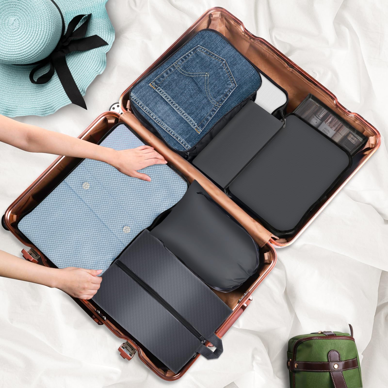 8-Piece Packing Cubes Set for Suitcase & Luggage - Travel Organizers with 4 Sizes (XL, L, M, S) + Toiletry, Laundry & Shoe Bags - Perfect for Business Trips, Vacations & Weekend Getaways (Grey)