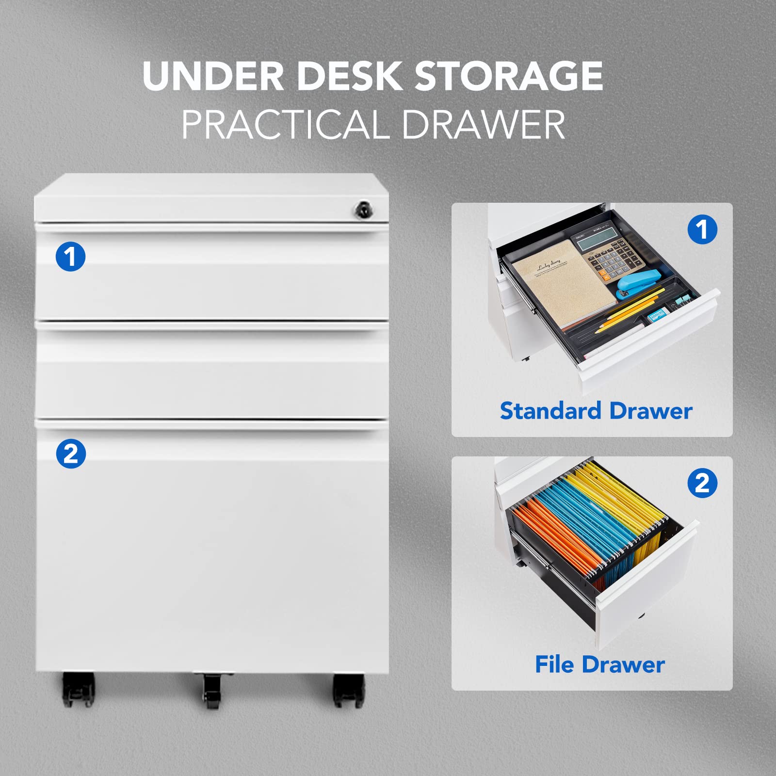 FlexiSpot 3-Drawer Mobile File Cabinet with Lock & Keys - Under Desk Storage for Home Office - Organize Legal, Letter & A4 Files - White - Perfect for Small Spaces & Clutter-Free Workspaces