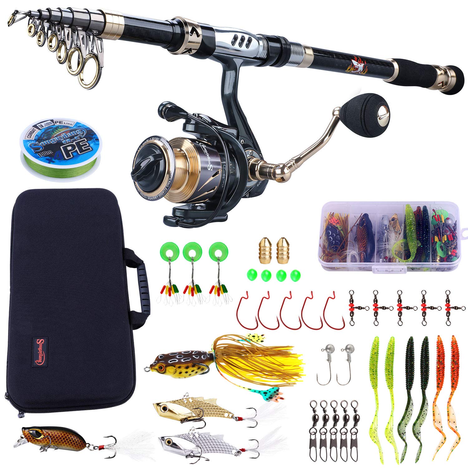 Sougayilang Carbon Fiber Telescopic Fishing Rod and Reel Combo Kit - 13+1 Shielded Bearings Stainless Steel Spinning Reel with Travel Case - Perfect for Freshwater, Saltwater, and Travel Fishing Adventures