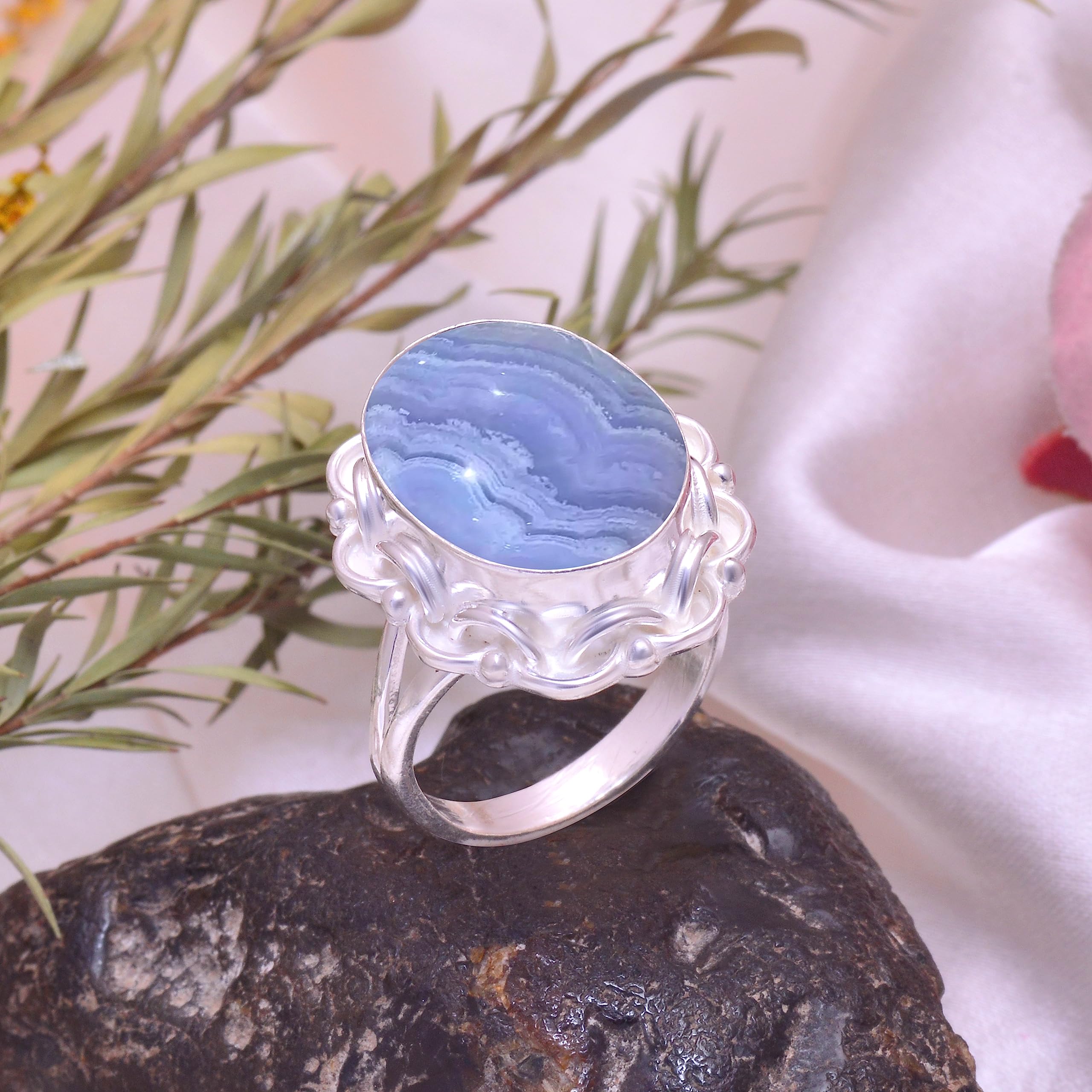 Veracity Jewelry Blue Lace Agate Rings for Women - 925 Sterling Silver Healing Meditation Rings with Natural Blue White Gemstone - Elegant Designer Jewelry Gift for Mom, Wife, Birthday & Spiritual Healing (VSR-936) | Perfect for Yoga, Meditation, Energy Healing & Special Occasions