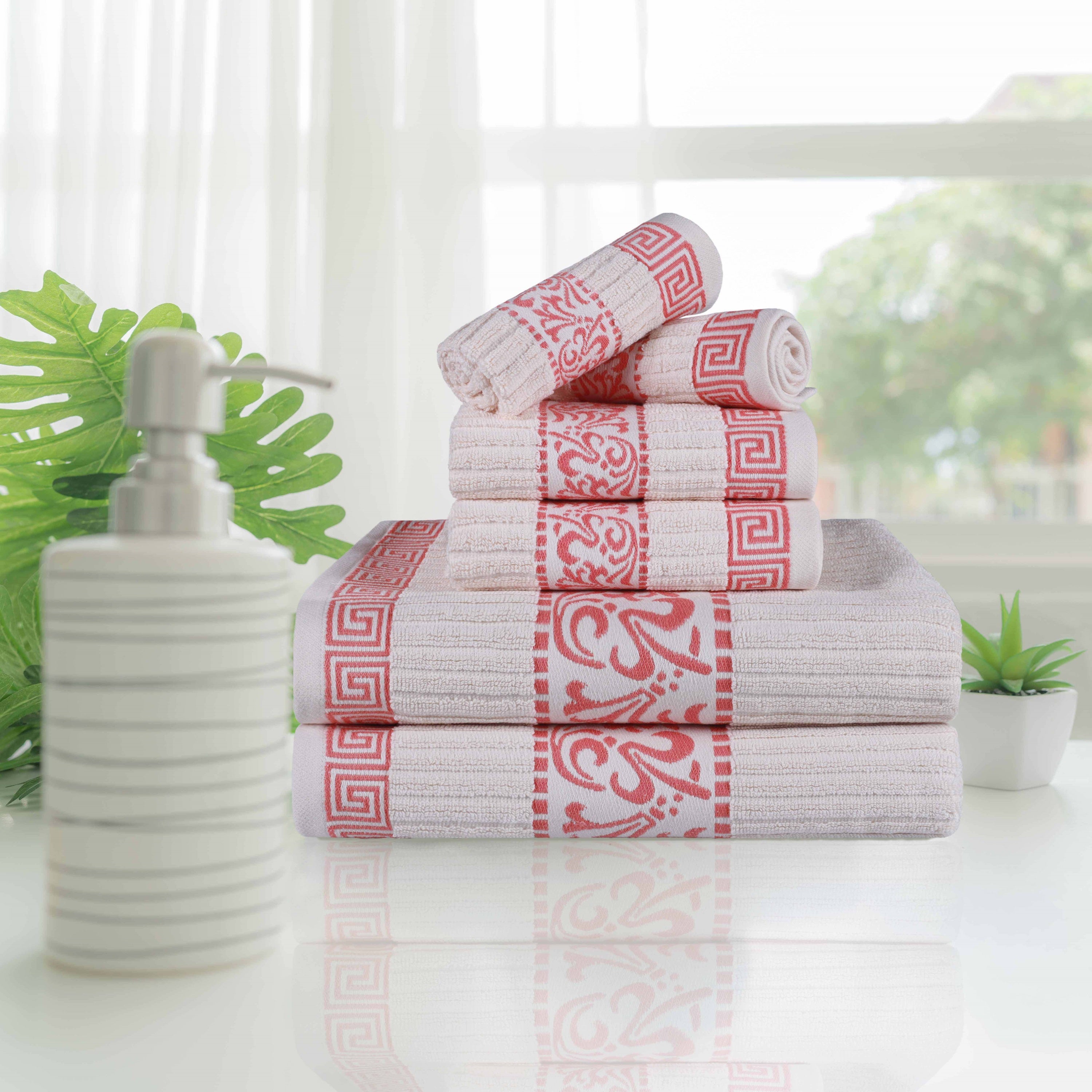 Athens Cotton Greek Scroll and Floral 6-Piece Bath Towel Set - Soft & Absorbent for Bathroom, Spa, and Beach Use