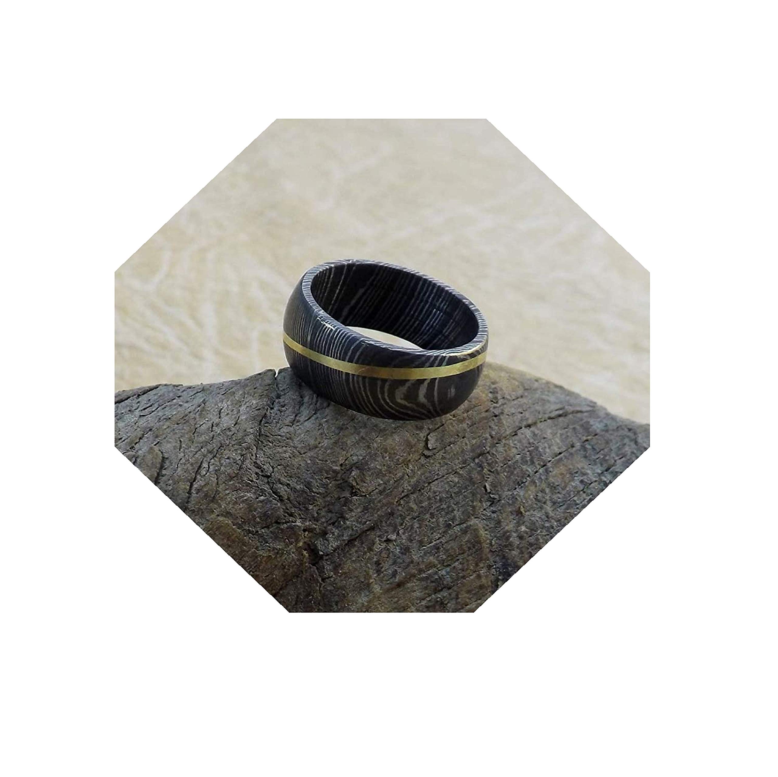Handmade Damascus Steel Ring with Brass Inlay - Custom Engraved Anniversary, Wedding, and Father's Day Band (KE-234-AT) - Perfect for Gifts, Proposals & Special Occasions