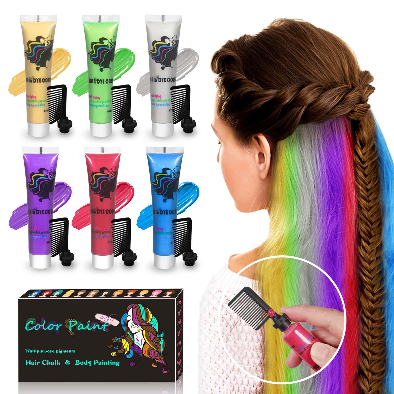 6Pcs Temporary Hair Color for Dark & Light Hair - Washable Hair Chalk for Kids & Adults - Non-Toxic Hair Dye for Parties, Halloween & Cosplay - Fun Hair Color for Girls & Boys (Pink, Blue, Purple)