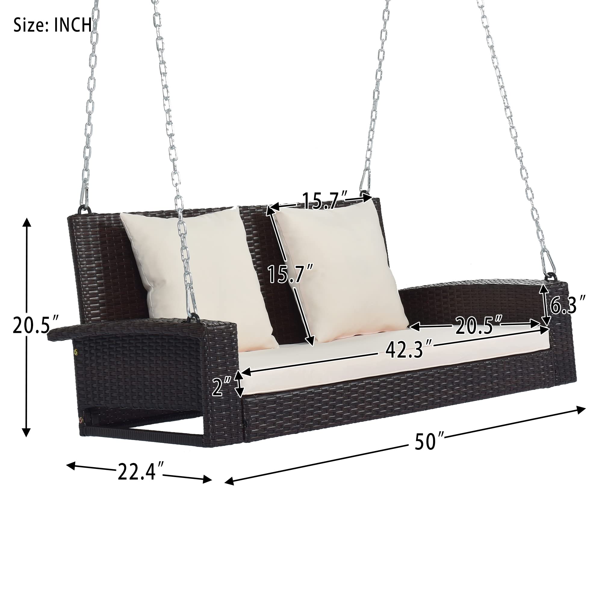 Polibi 2-Seat Rattan Swing Bench with Chains & Cushion - Outdoor Porch Swing for Garden, Backyard, Patio, Pond - Brown Wicker with White Pillow - Perfect for Relaxing, Lounging & Enjoying Nature