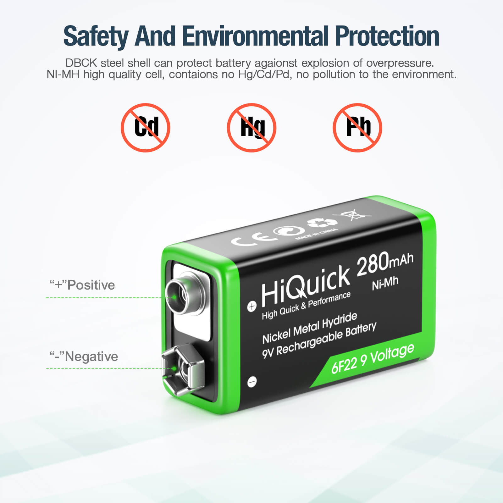 HiQuick 9V Rechargeable NiMH Battery 280mAh - Long Lasting Power for Guitar Pedals, Smoke Detectors & Electronic Devices | Eco-Friendly & Fast Charging