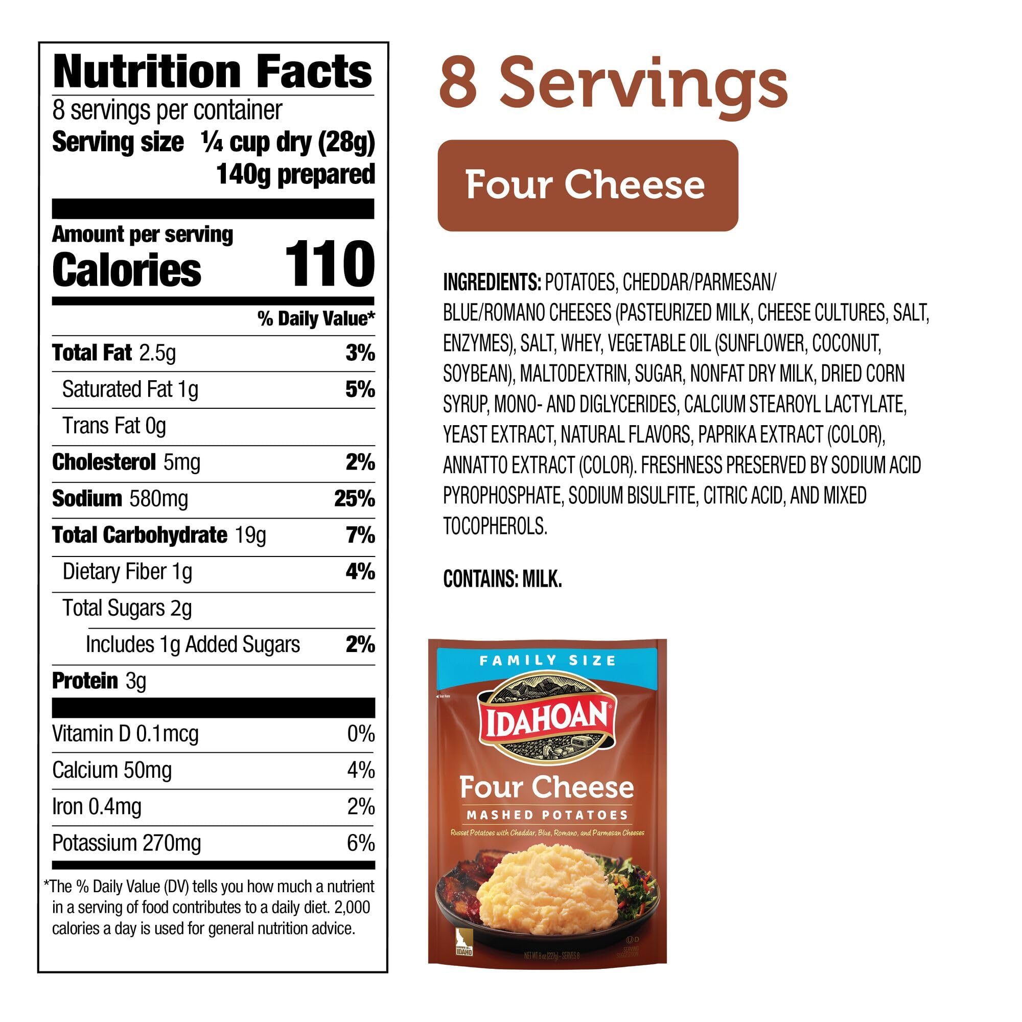 Idahoan Four Cheese Mashed Potatoes - Family Size 8 oz Pouch (Pack of 8) | Instant Mashed Potato Mix | Perfect for Holiday Dinners, Potlucks & Quick Family Meals