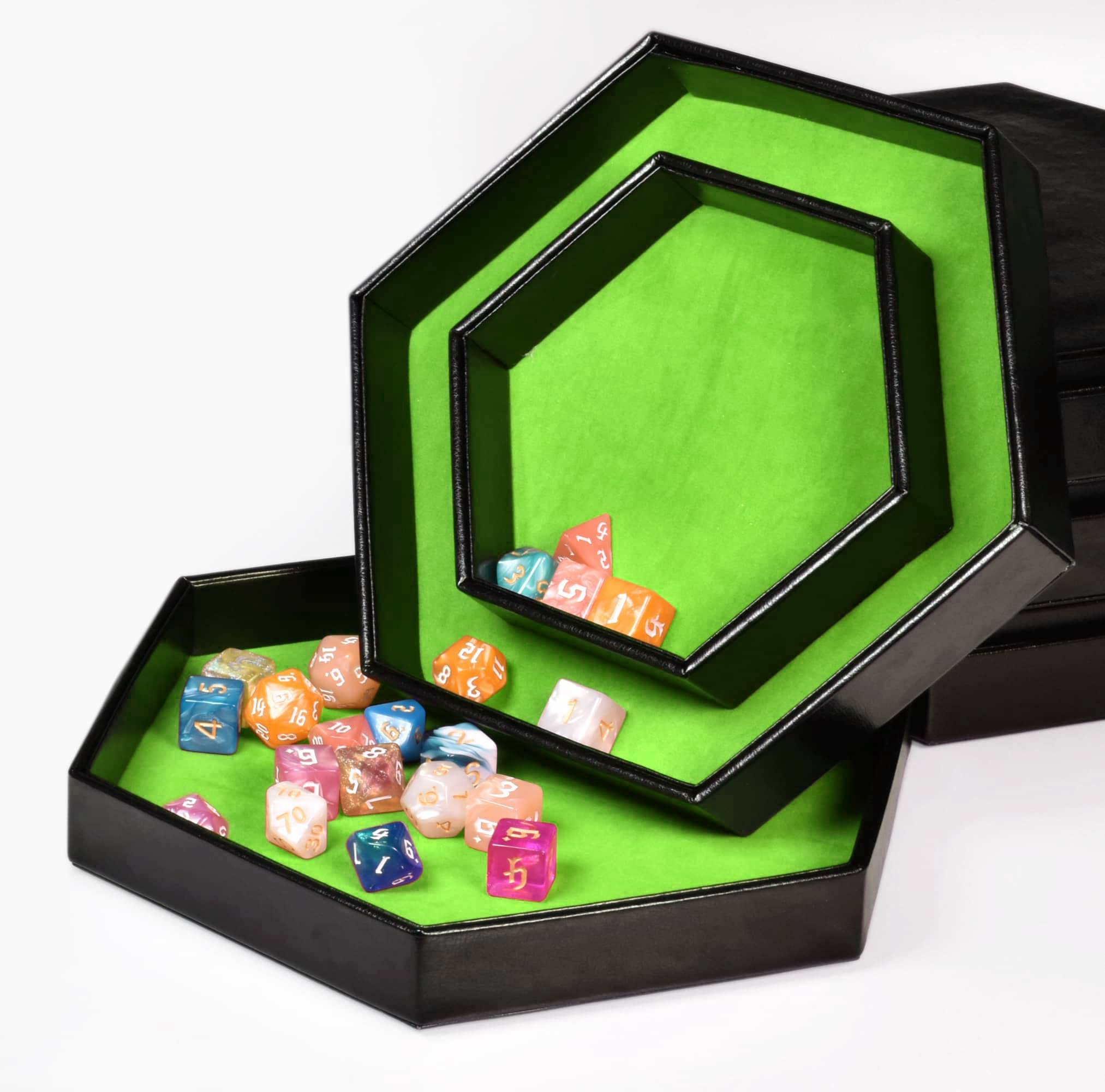 Premium Hexagonal D&D Dice Tray - 2-in-1 Rolling & Storage Tray with Faux Leather, Green Gaming Accessory for D&D, MTG, Dice Arena - Perfect for Tabletop RPG Sessions & Board Game Nights
