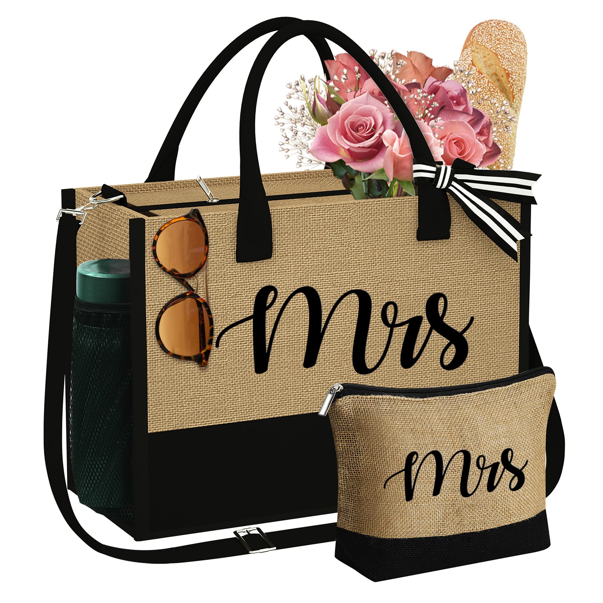 YOOLIFE Personalized Initial Jute Tote Bag & Makeup Bag Set - Best Birthday Gifts for Women, Mom, Wife, Teacher, Friend - Perfect for Work, Travel, Shopping & Daily Use