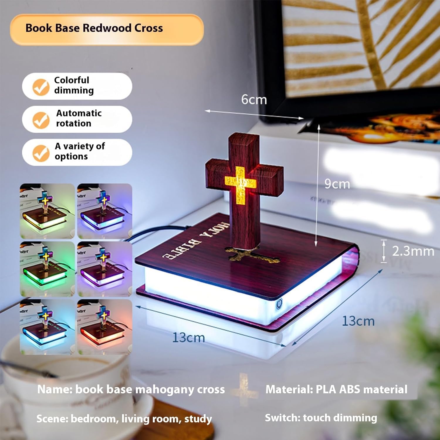 Handmade Levitating Cross Lamp - Floating Cross Light for Bible Study, Night Light, Home & Office Decor - Redwood Cross with Book Base - Perfect for Bedroom, Prayer Room, or Gift Idea