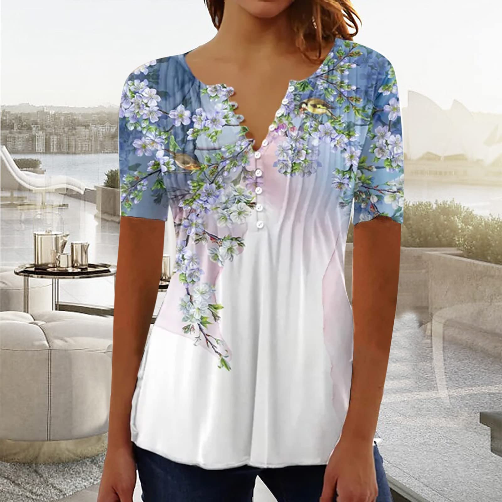 2025 Summer Women's Short Sleeve V-Neck Floral Tunic Top - Casual Flowy Blouse & Henley Shirt for Beach, Vacation and Everyday Wear