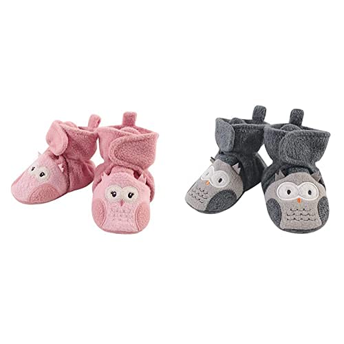 Hudson Baby Fleece Booties 2-Pack - Pink & Gray Owls 12-18M | Cozy Winter Footwear