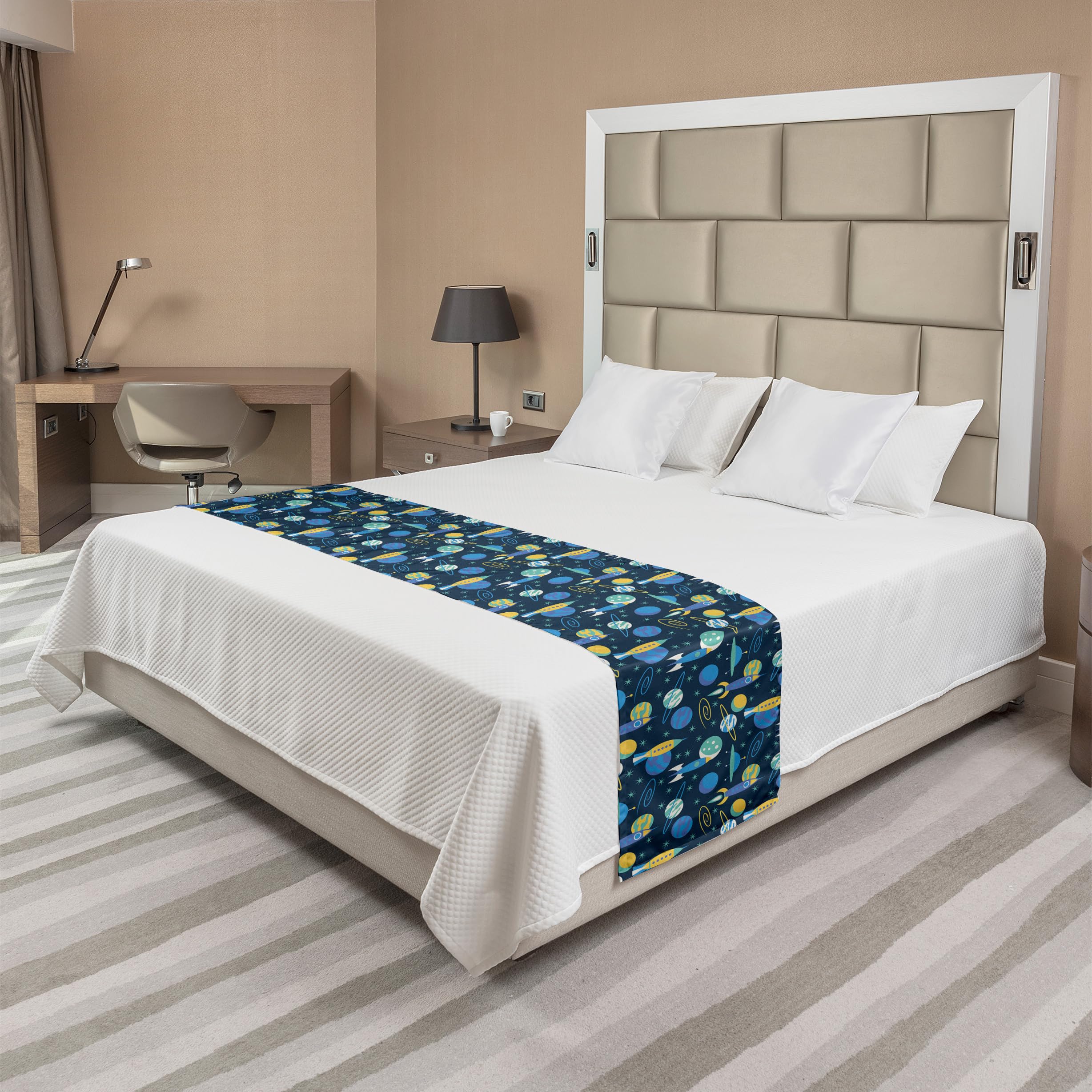 Ambesonne Rockets & Planets Bed Runner - Galaxy Stars Spaceship Design Decorative Bed Scarf for King Size Beds - Mustard & Deep Sky Blue - Perfect for Hotels, Homes & Guestrooms - Adds a Cosmic Touch to Bedroom Decor