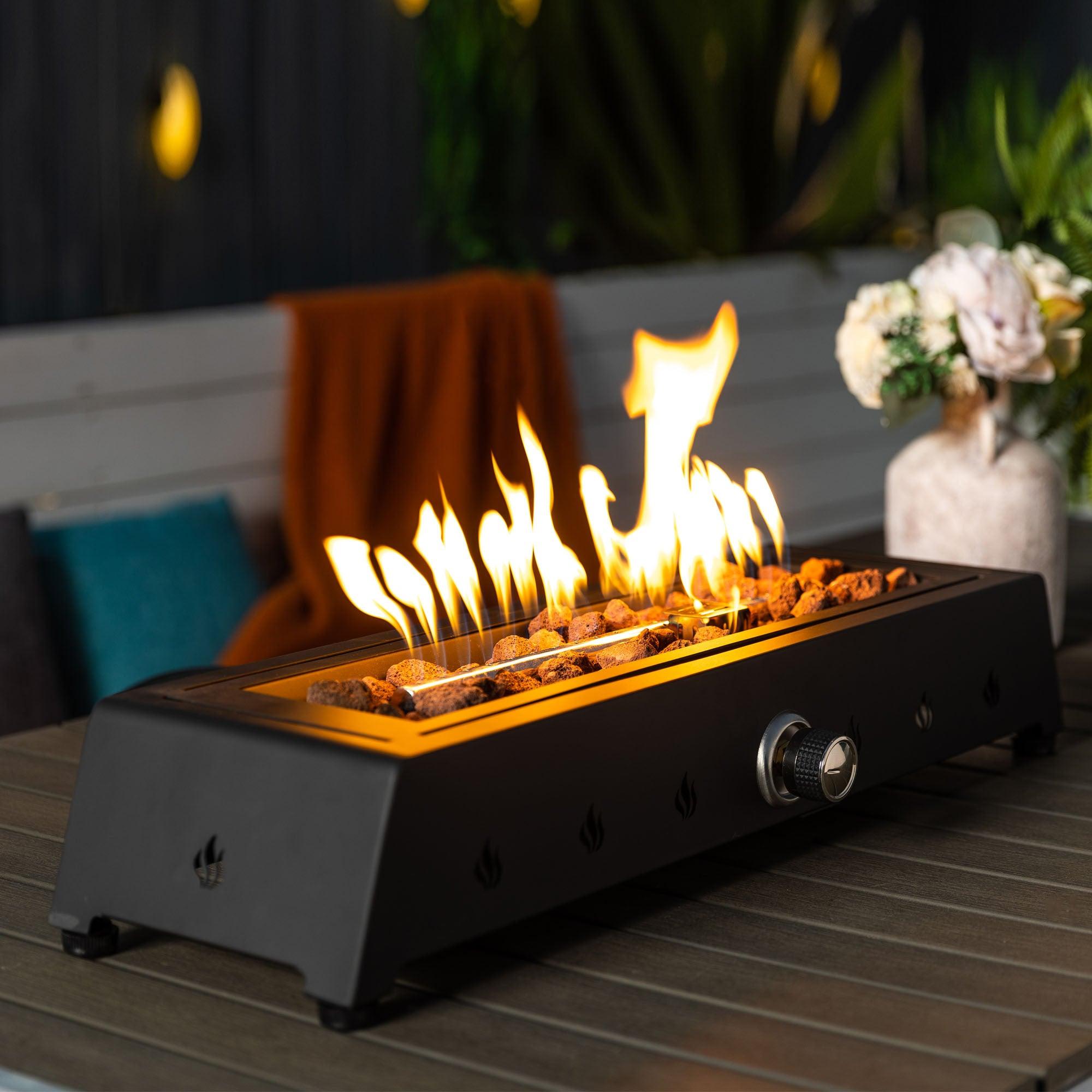 28 Inch Portable Tabletop Fire Pit - Propane Gas Fire Pit with Quick Connect Joint, Glass Wind Guard & Lava Rocks for Outdoor Patio, Deck, Backyard, Camping & Picnic Use