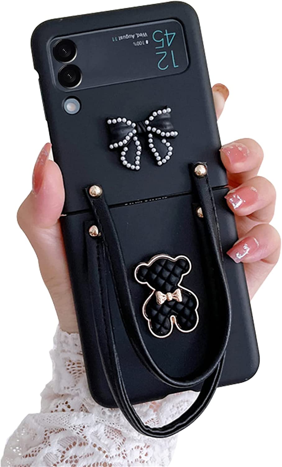 Cute 3D Bear Galaxy Z Flip 4 Case with Strap Bracelet - Purple Protective Cover for Samsung Z Flip 4 - Perfect for Daily Use, Travel & Fashion Accessories