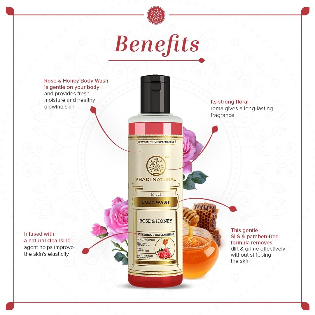 Khadi Natural Rose & Honey Body Wash 210ml - Deep Cleansing & Soothing Fragrance for All Skin Types | Moisturizing Shower Gel for Dry Skin, Relaxing Bath & Spa Experience