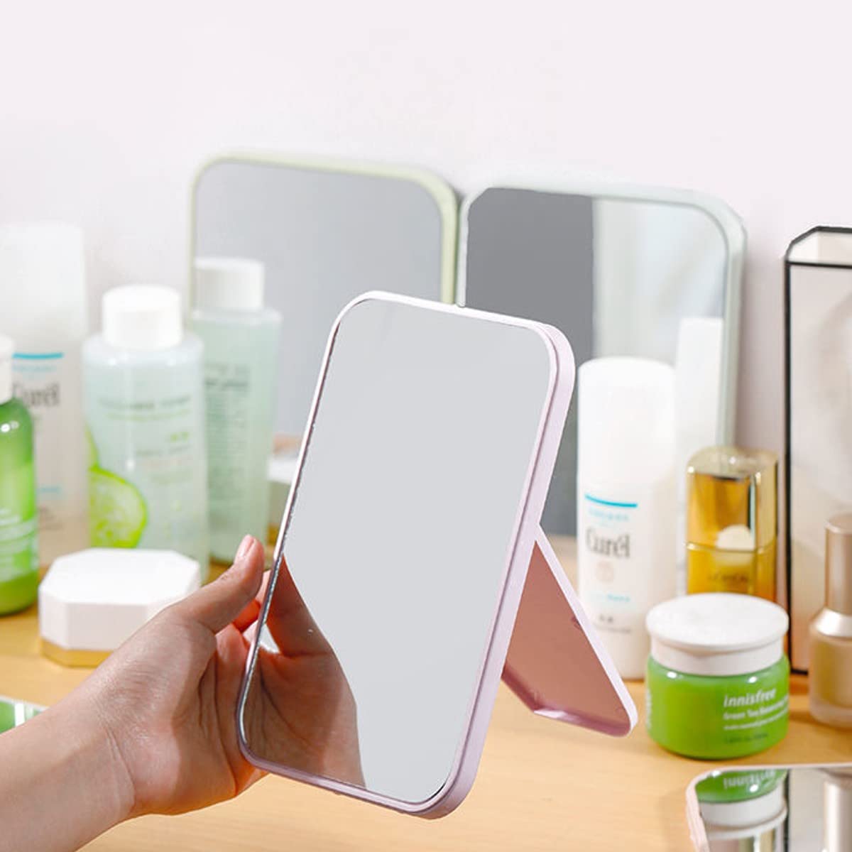Leeonz Pink Makeup Mirror with Folding Stand - Adjustable Rectangular Vanity Mirror for Women & Girls, Perfect for Dressing Table, Bedroom, Bathroom & Travel