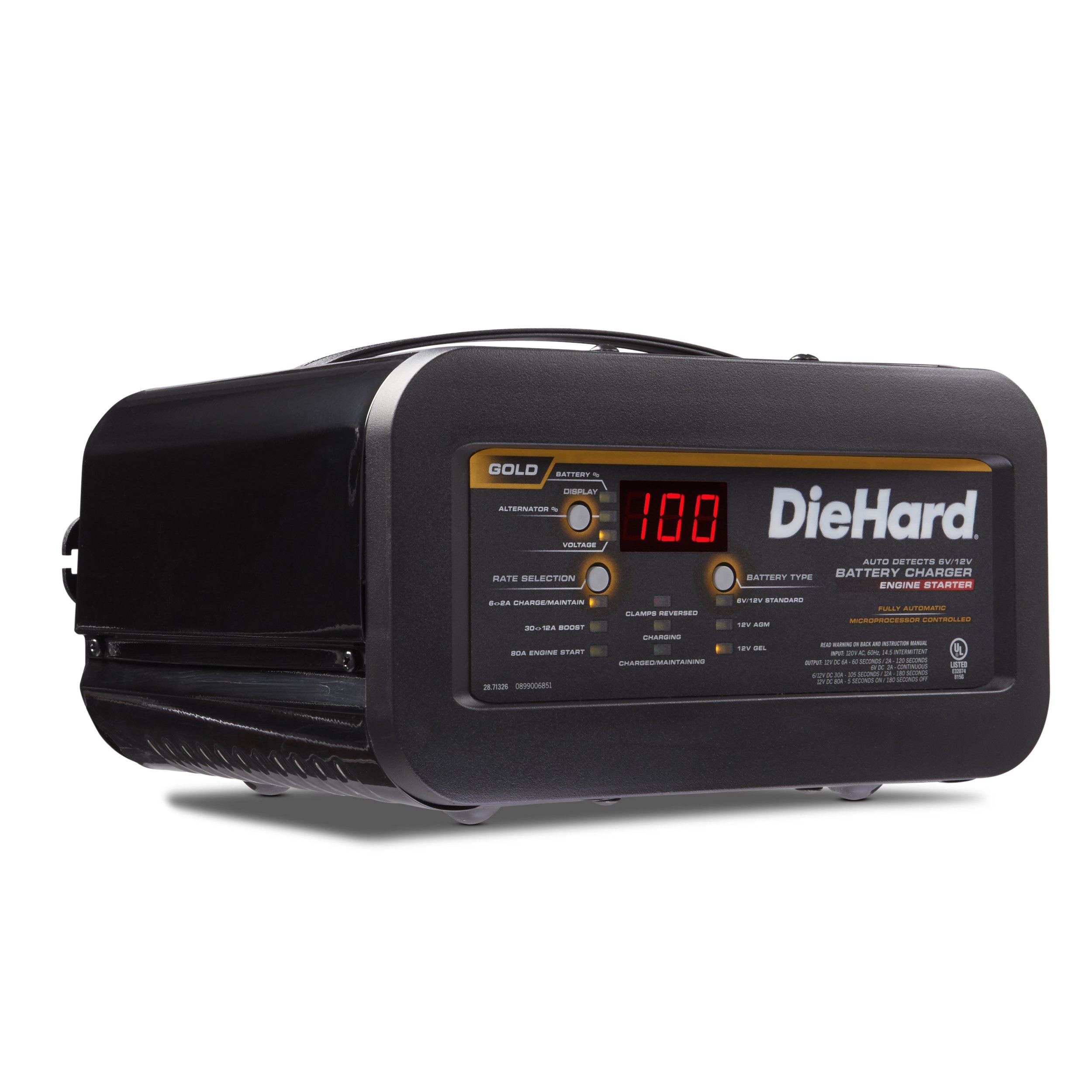 DieHard 71326 6/12V Gold Shelf Smart Battery Charger & 12/80A Engine Starter - Fast Charging for Car, Truck, Motorcycle, Boat & Power Equipment - Perfect for Home Garage, Roadside Emergencies & Winter Maintenance