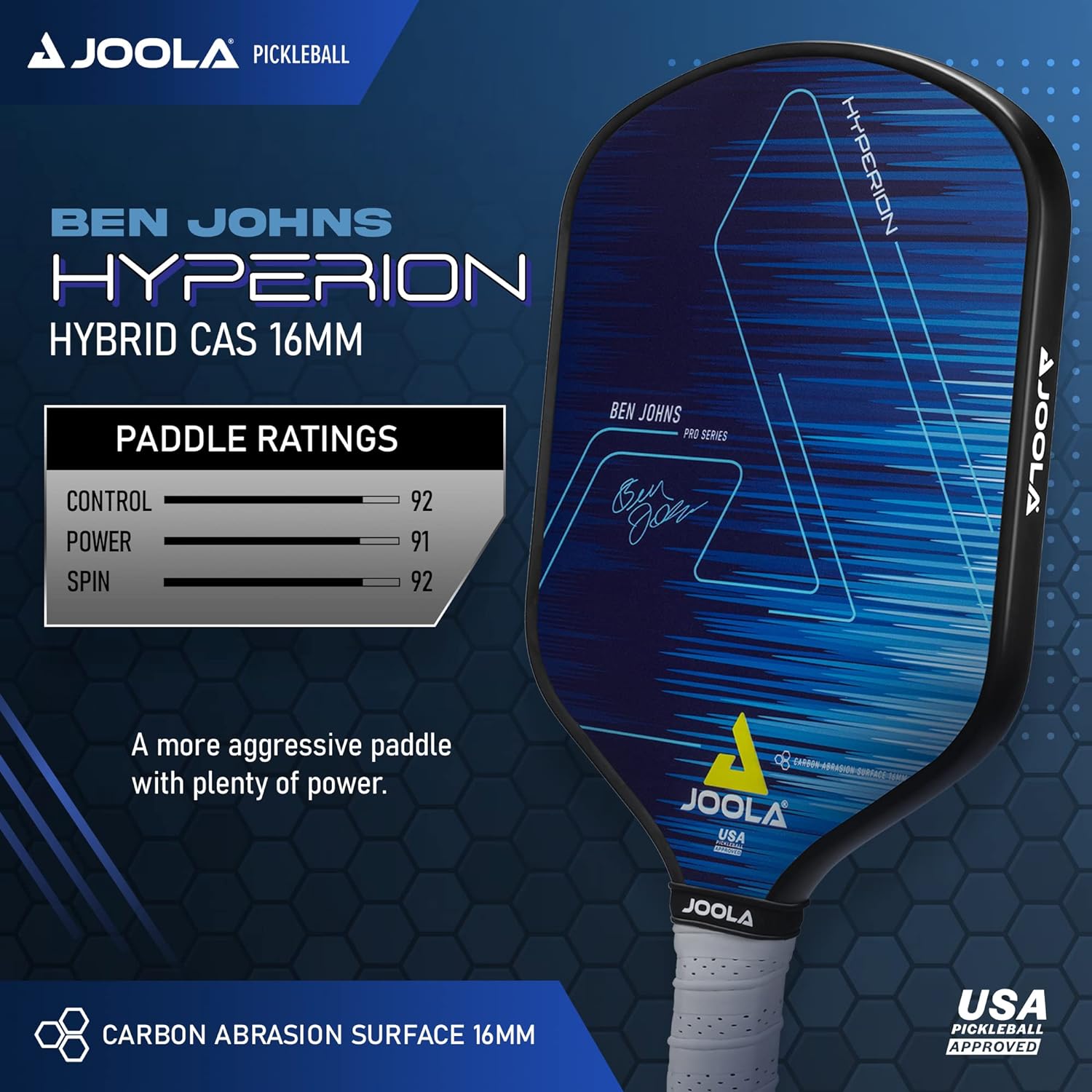 JOOLA Ben Johns Hyperion CAS 16 Pickleball Paddle - Premium Carbon Fiber Surface for Power & Control - Perfect for Competitive Play & Recreational Games