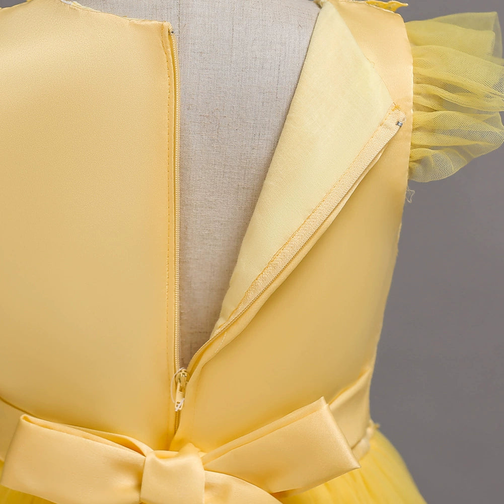 Elegant Yellow A-Line Round Floor-Length Lace Flower Girl Dress for Weddings, Baptisms & Special Occasions