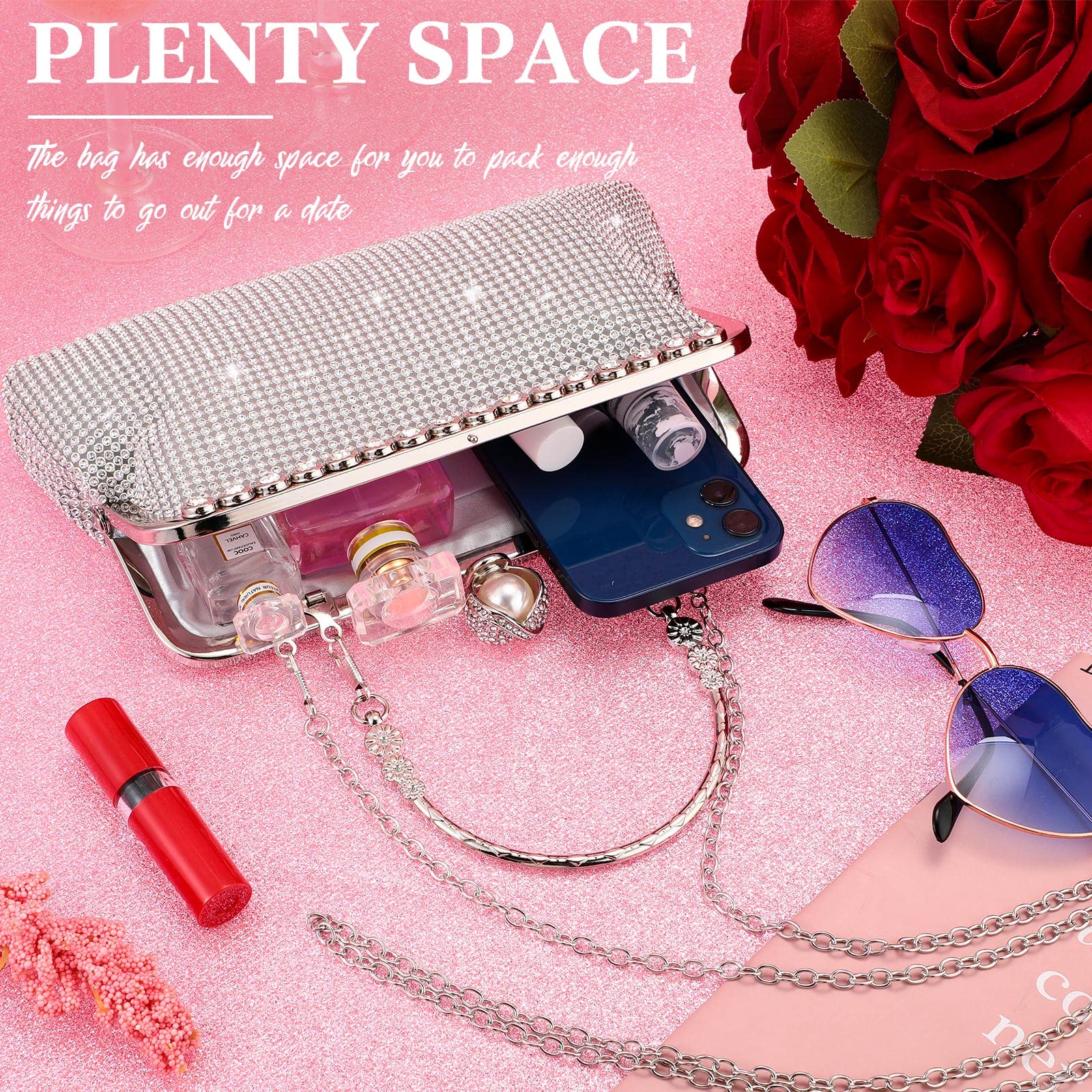 Sparkling Rhinestone Evening Clutch Purse for Women - Double Sided Glitter Handbag with Chain Strap, Crossbody & Shoulder Bag for Wedding, Party, Prom, Date Night & Special Occasions
