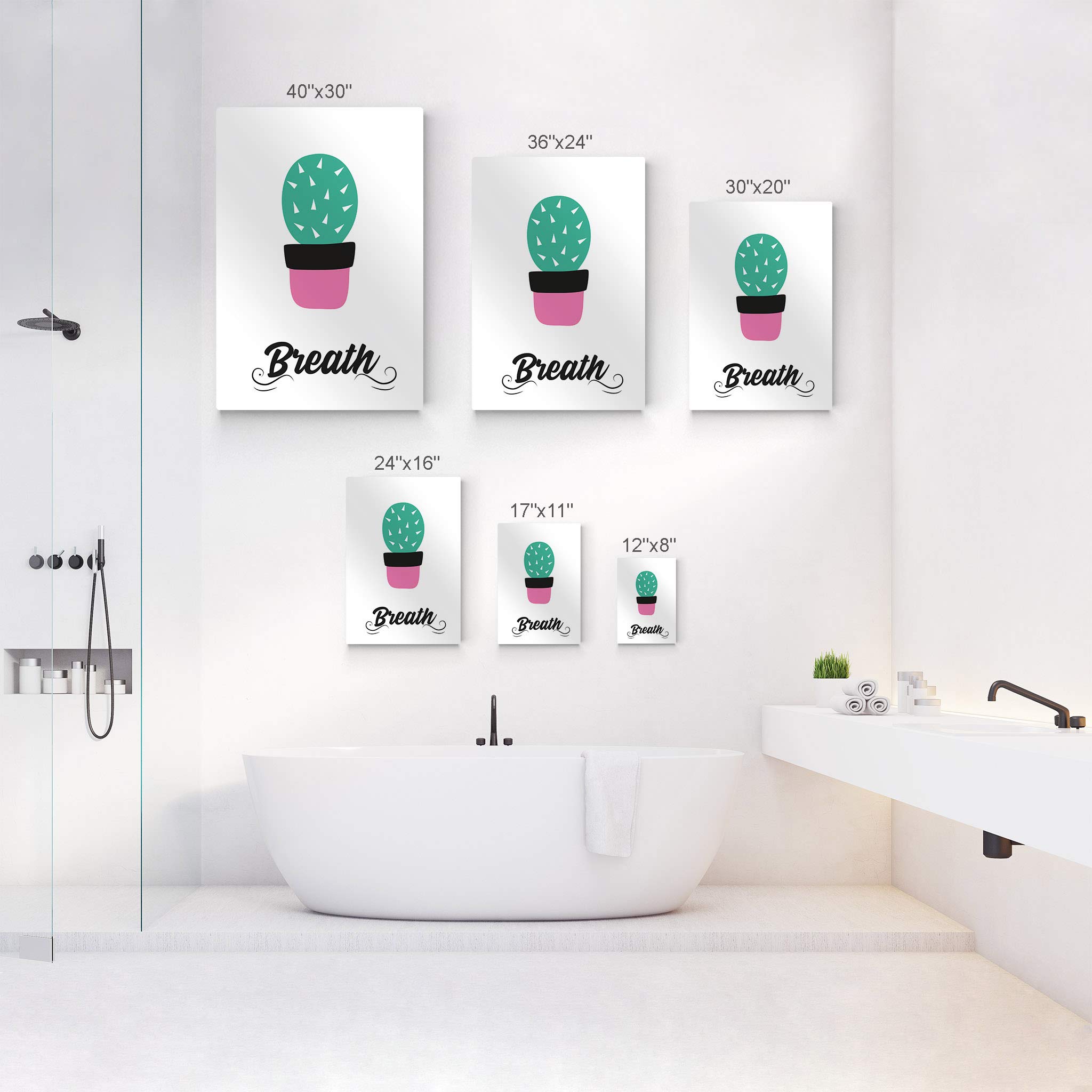 Smile Art Design Breath Typography Metal Print - Cactus Bathroom Sign Wall Decor (24x16 Inch) - Ready to Hang Home Decoration Made in USA - Perfect for Bathroom, Living Room & Office Wall Art