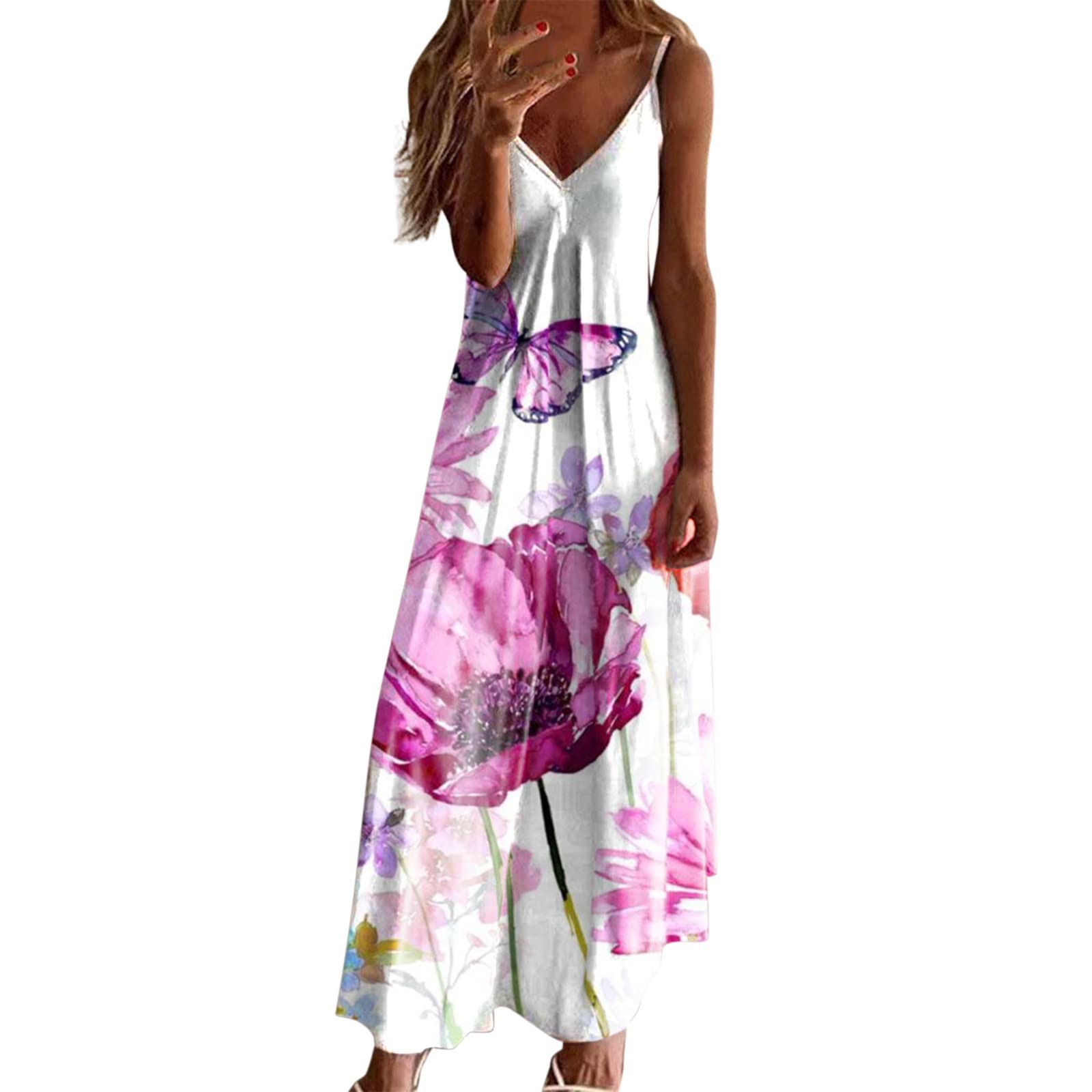 Elegant Floral Maxi Dress for Women - Sleeveless V-Neck Summer Beach Dress, Loose Flowy Sundress with Slit | Perfect for Vacations, Pool Parties & Casual Outings