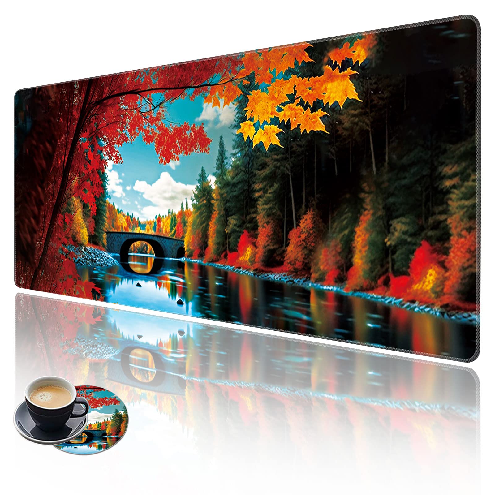XXL Gaming Mouse Pad (31.5x11.8 Inch) - Extended Large Desk Mat with Non-Slip Base & Stitched Edges | Waterproof Keyboard Mousepad for PC, Laptop, Office & Gaming Setup | Red Maple Lake Design