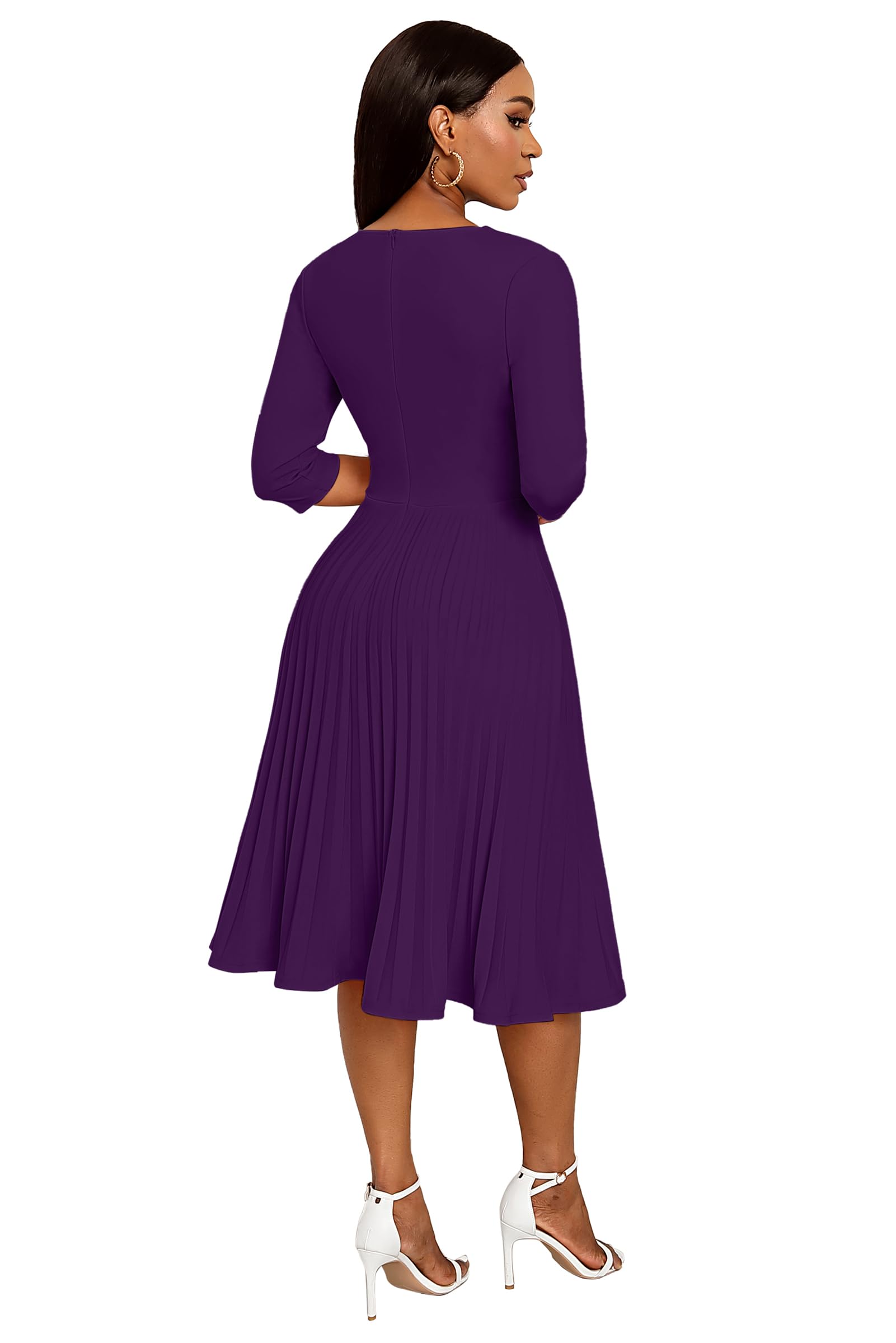 CLOCOR Women's Midi Dress - Casual Wrap Flare Pleated A-Line Dress with 3/4 Sleeves & V-Neck | Perfect for Church, Cocktail Parties, Weddings & Guest Occasions | Elegant Everyday Wear & Special Events
