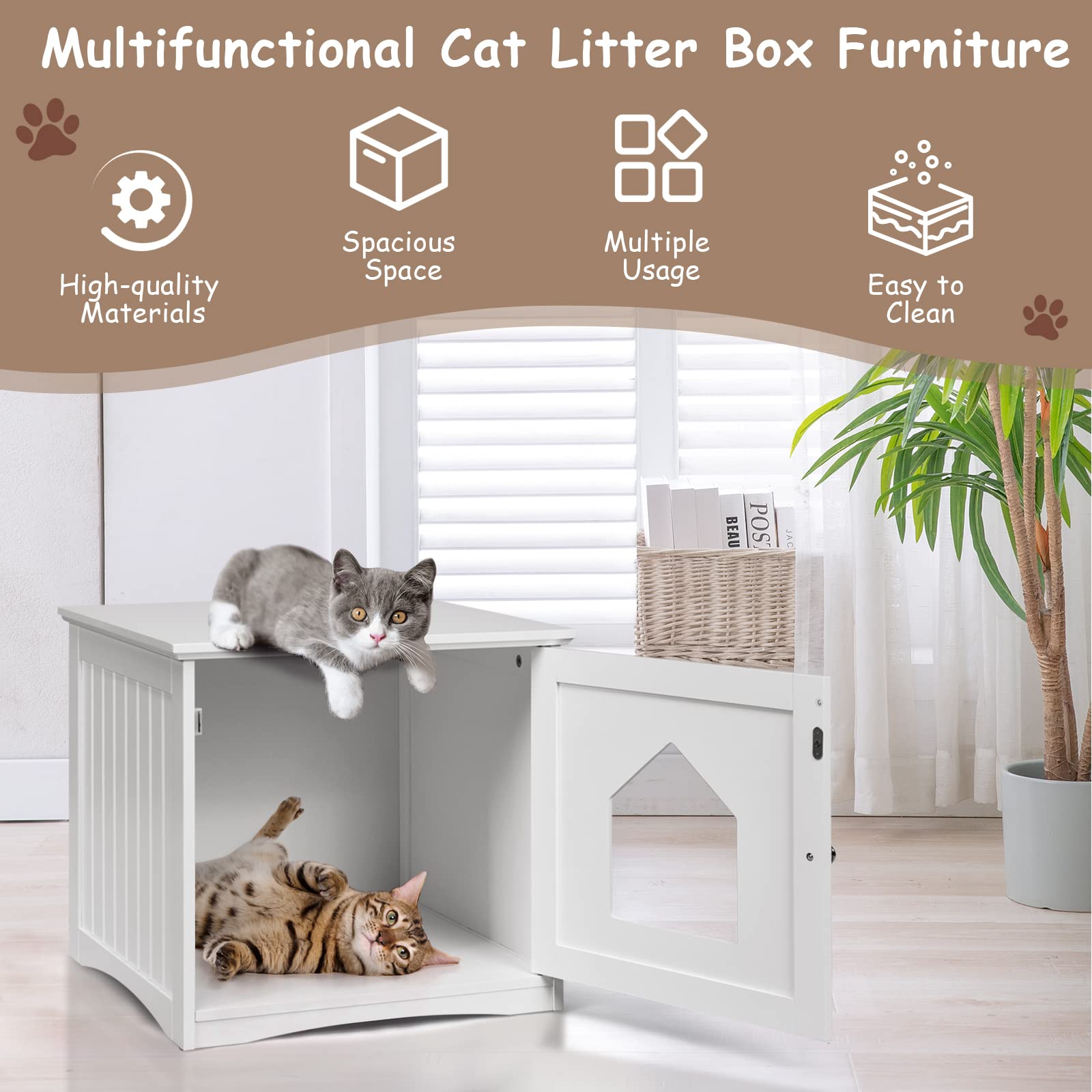 PETSITE Cat Litter Box Enclosure Furniture - Hidden Litter Box Cabinet with Washroom Design, White Decorative Cat House & Nightstand for Indoor Pets | Perfect for Small Spaces, Apartments & Home Decor