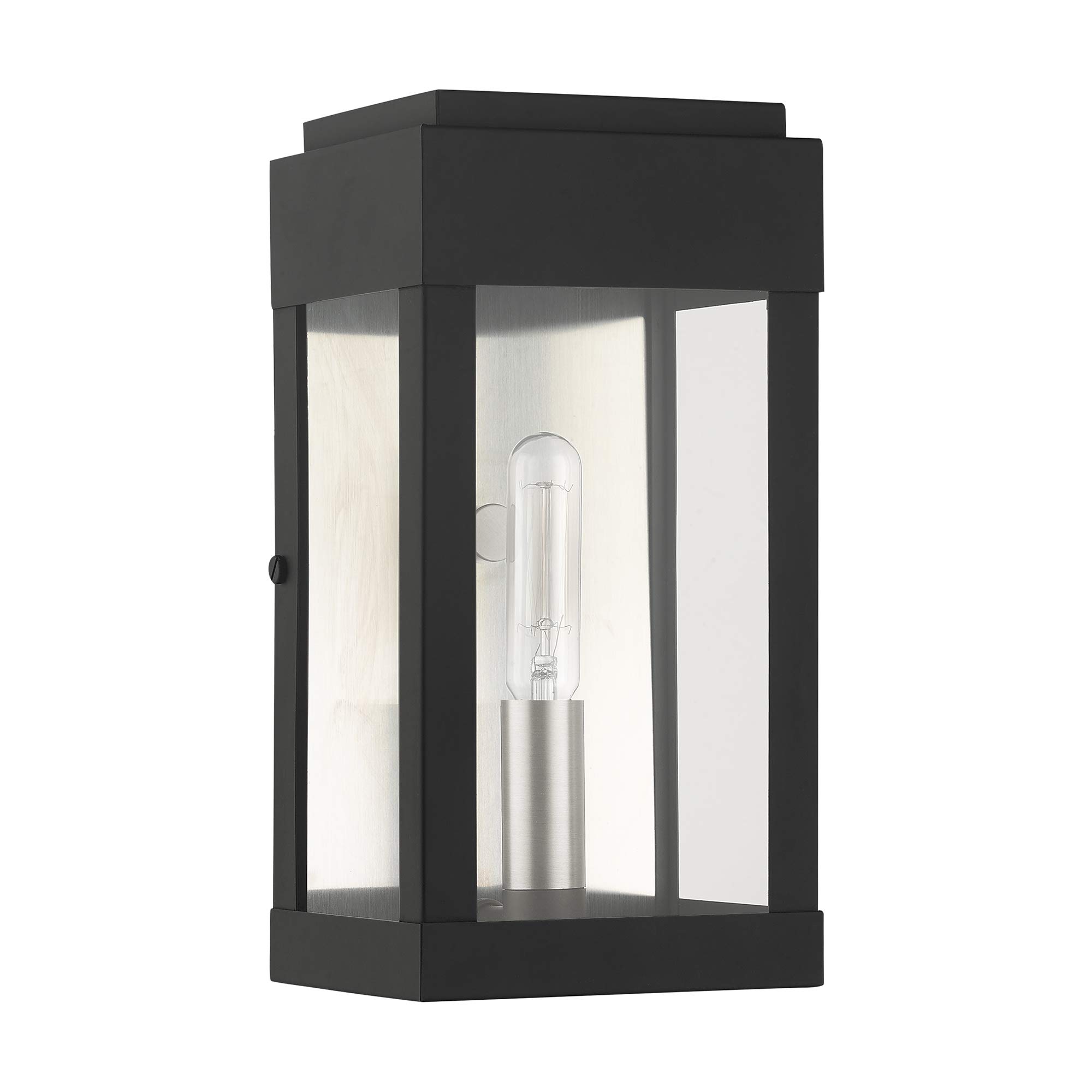 Livex Lighting 21231-04 York 1 Light Outdoor Wall Lantern - Black with Brushed Nickel Finish, ADA Compliant, Stainless Steel Reflector - Perfect for Porch, Patio, and Garden Lighting