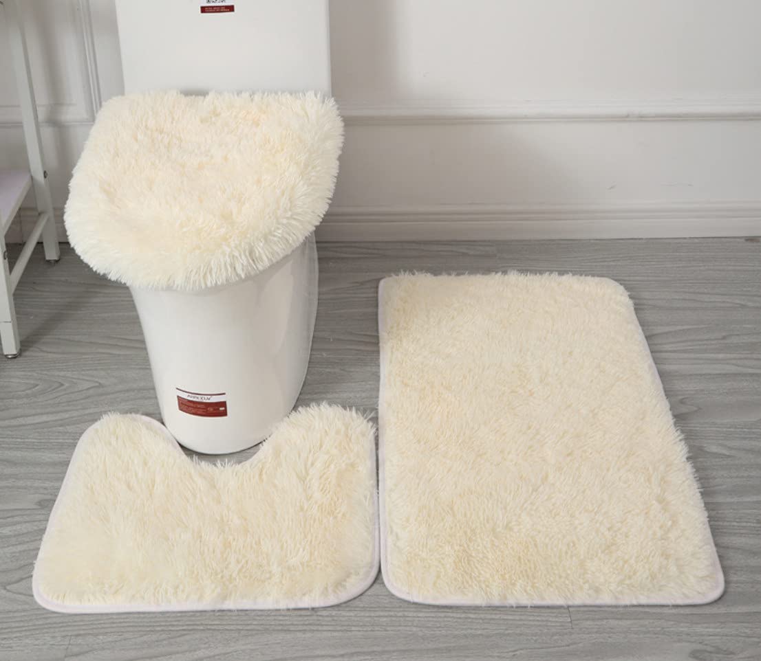 Aeirskaz 3-Piece Soft Microfiber Bathroom Rug Set - Non-Slip Bath Mat, Contour Mat & Toilet Cover with PVC Backing, Super Absorbent Beige - Perfect for Bathroom, Shower & Vanity Areas