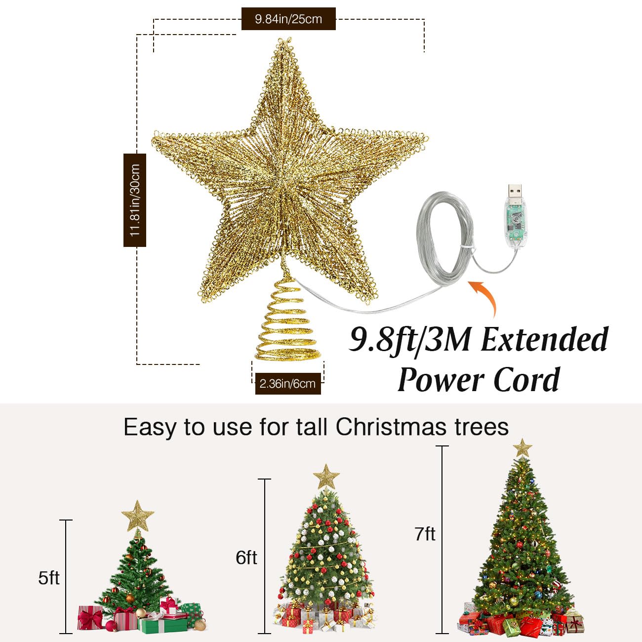Lewondr USB-Powered Remote Control Christmas Tree Topper with LED Lights and Sequins - Gold Star Decor with 6H Timer for Holiday Trees | Perfect for Home, Office & Party Christmas Decorations