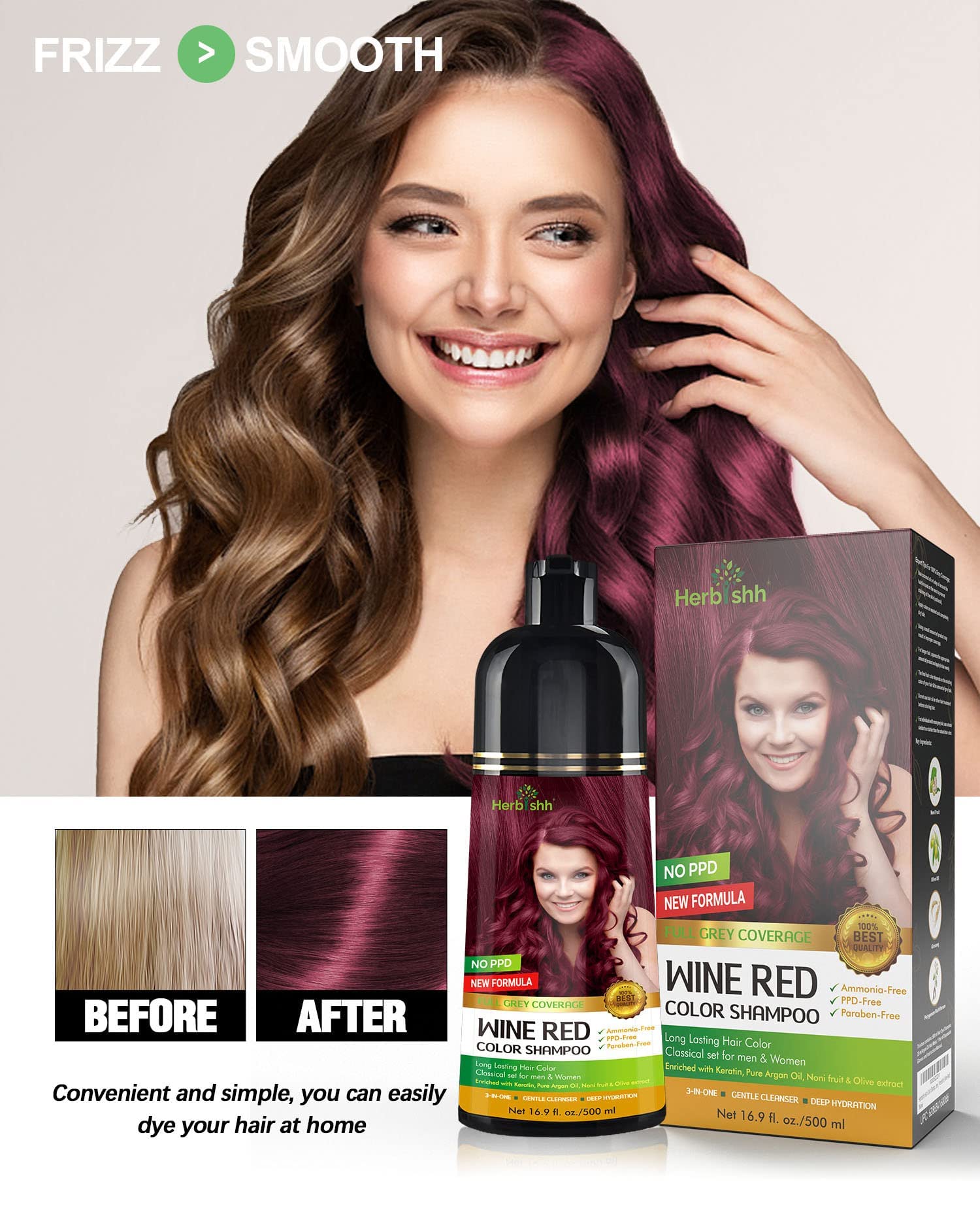 Wine Red Hair Color Shampoo for Gray Hair 500ml + Ginger Hair Growth Shampoo with Deep Sea Salt - Vegan Treatment for Weak & Brittle Hair | At-Home Hair Care Solution for Women & Men